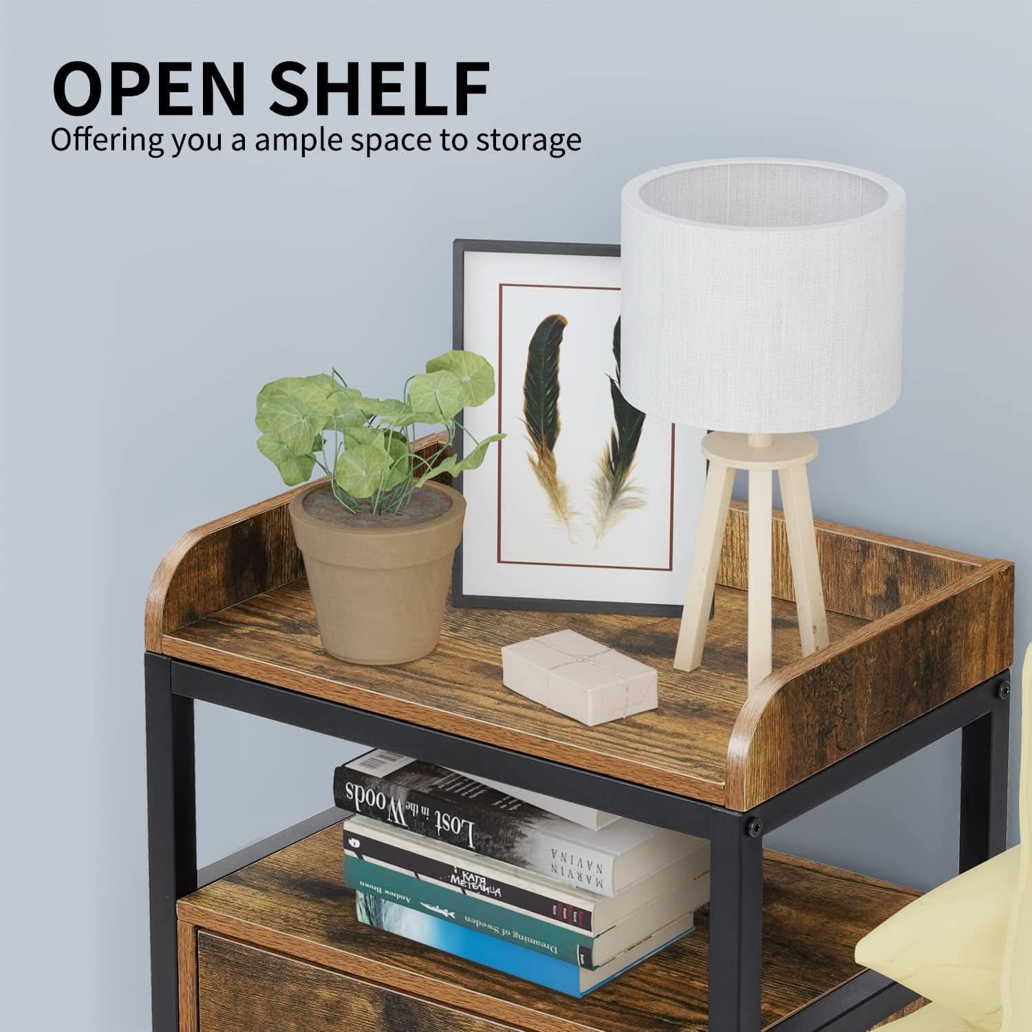 Industrial Three Tier Nightstand Set With Wood Grain Finish