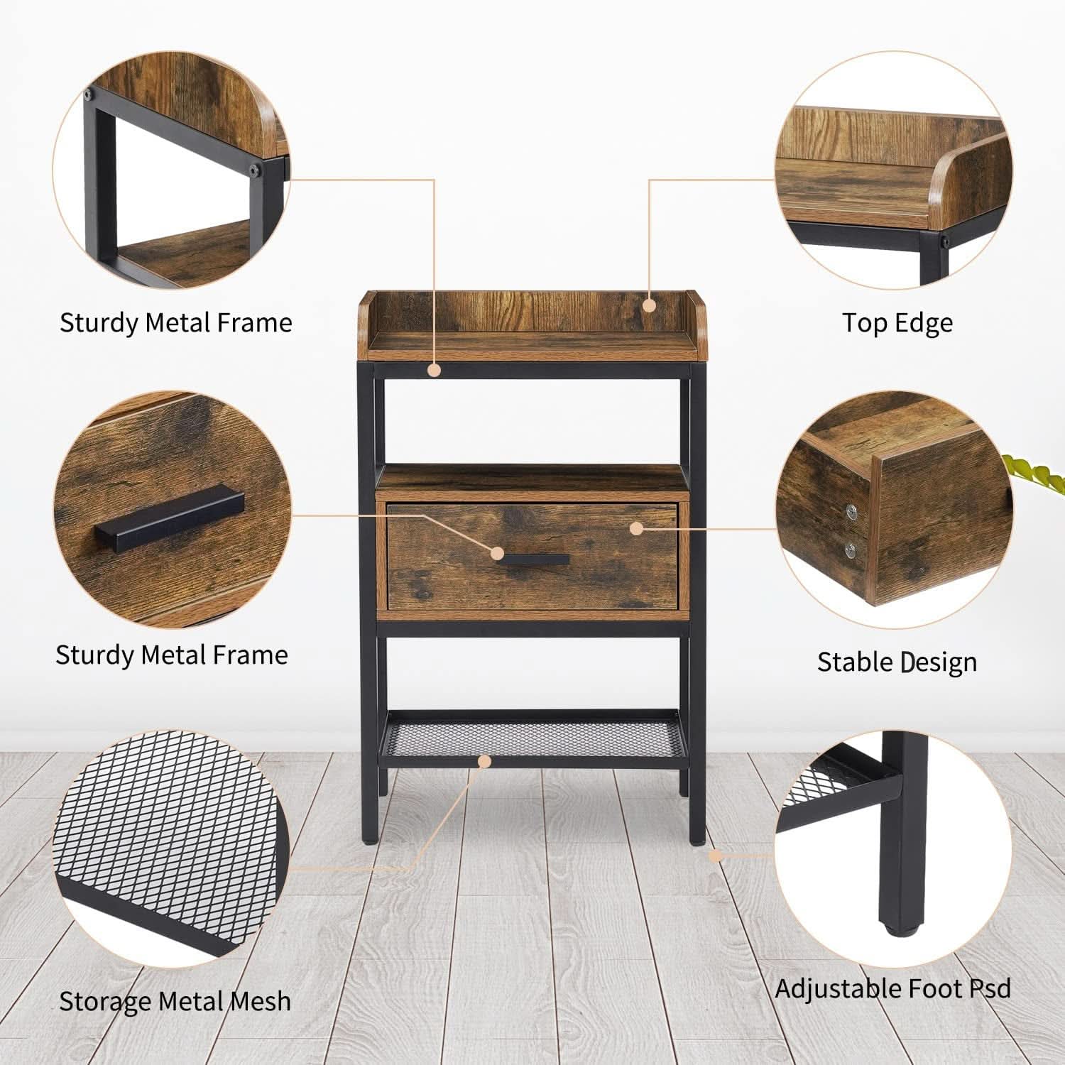Industrial Three Tier Nightstand Set With Wood Grain Finish