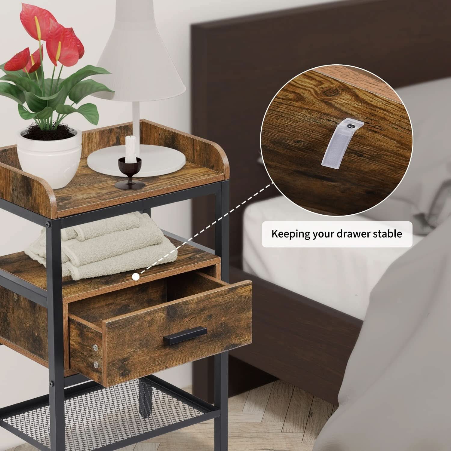Industrial Three Tier Nightstand Set With Wood Grain Finish