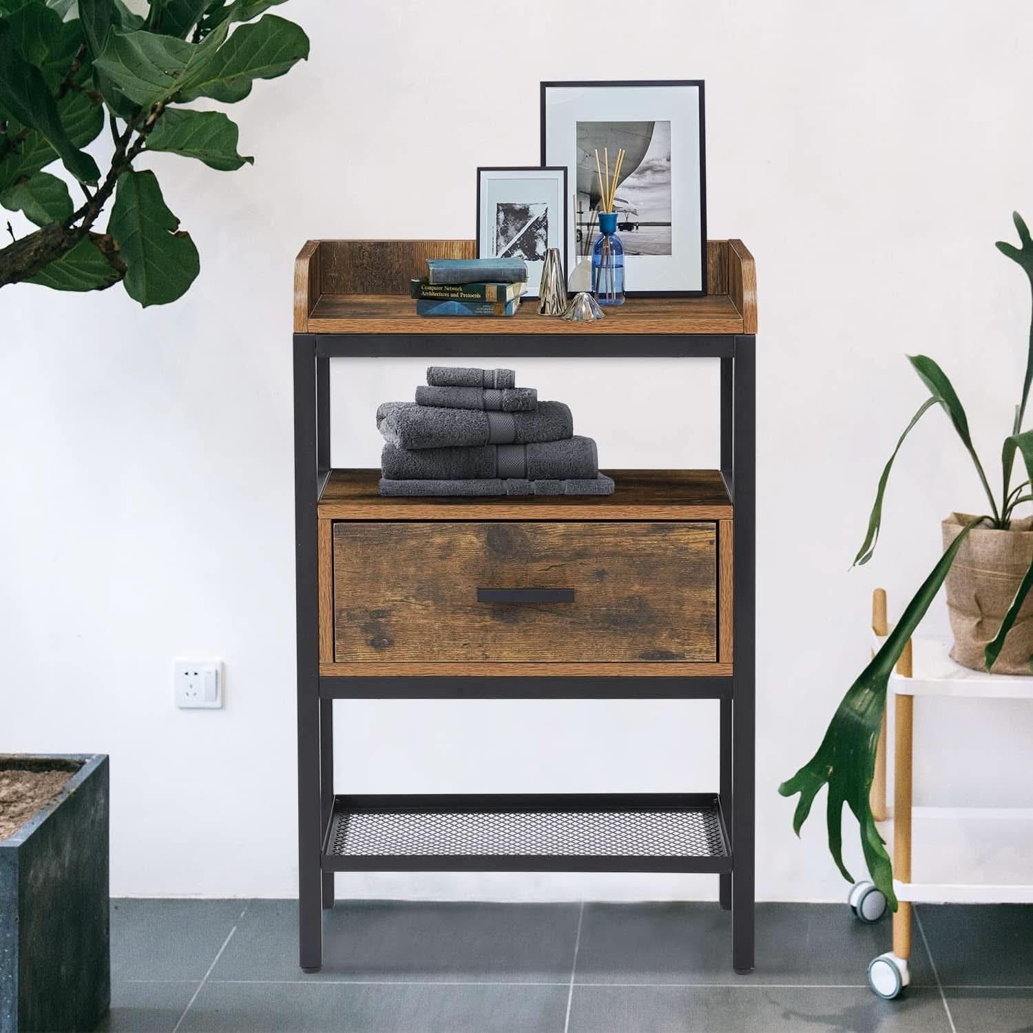 Industrial Three Tier Nightstand Set With Wood Grain Finish