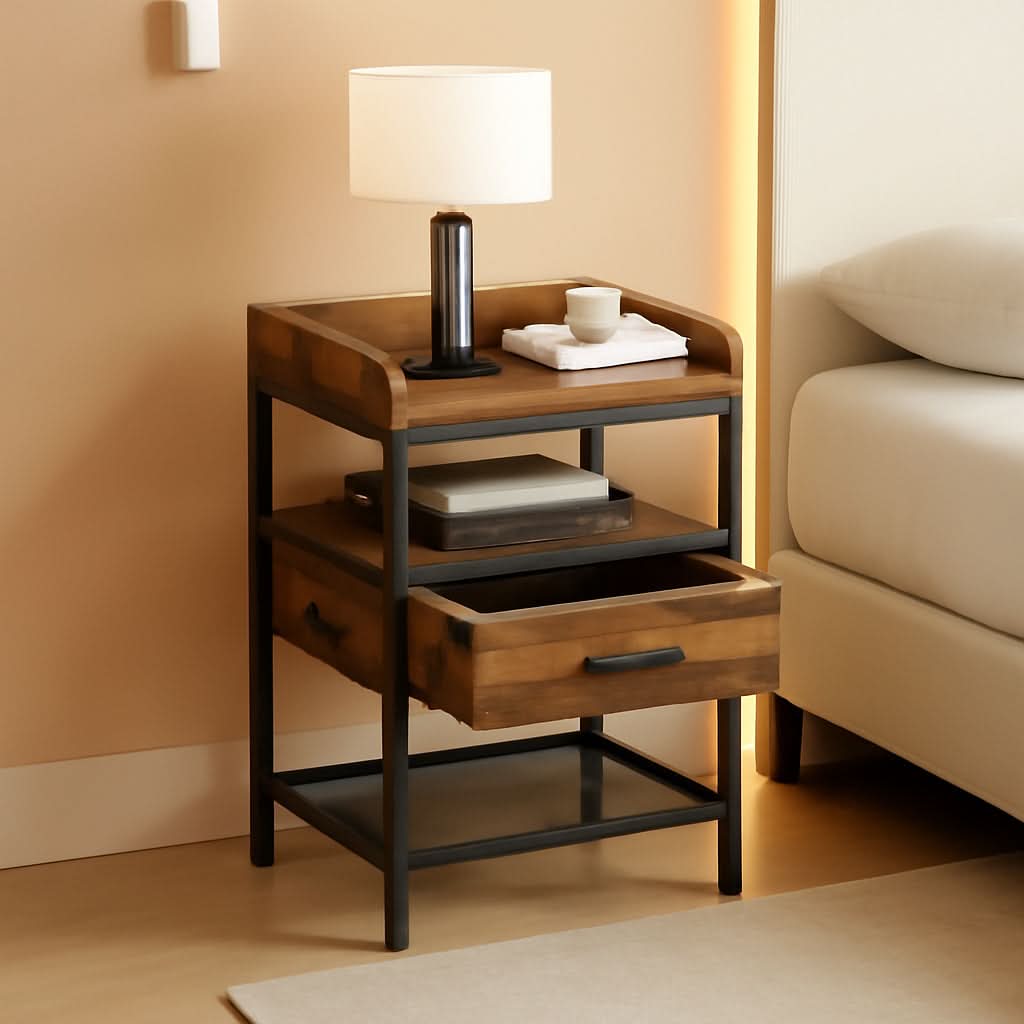 Industrial Three Tier Nightstand Set With Wood Grain Finish