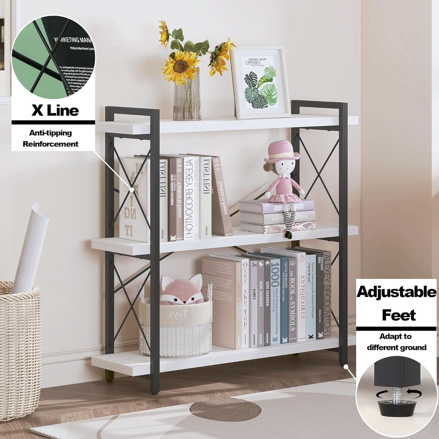 Industrial Three Tier Open Bookcase With Metal Frame Sturdy