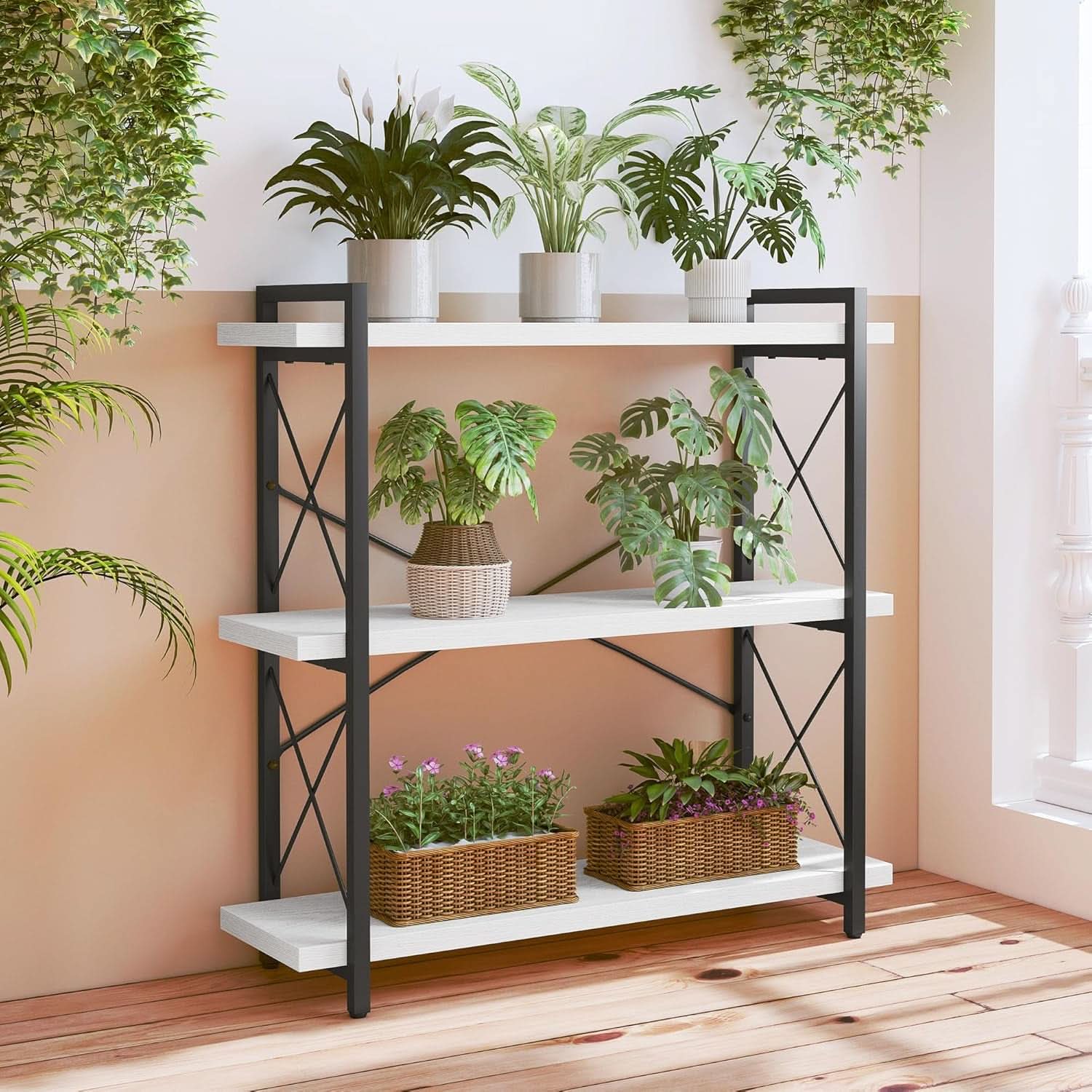 Industrial Three Tier Open Bookcase With Metal Frame Sturdy