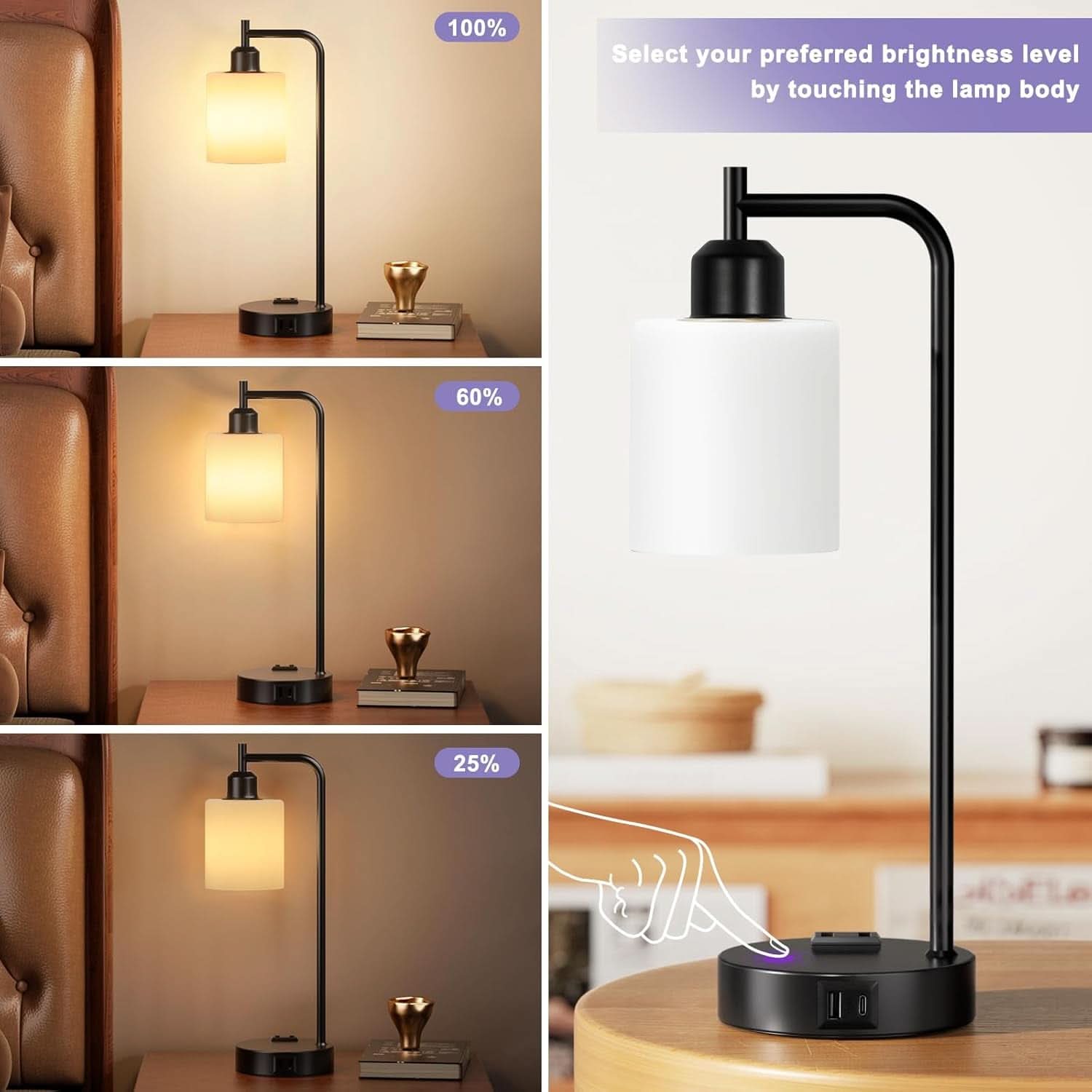 Industrial Touch Bedside Lamps 3-Way Dimmable USB-C