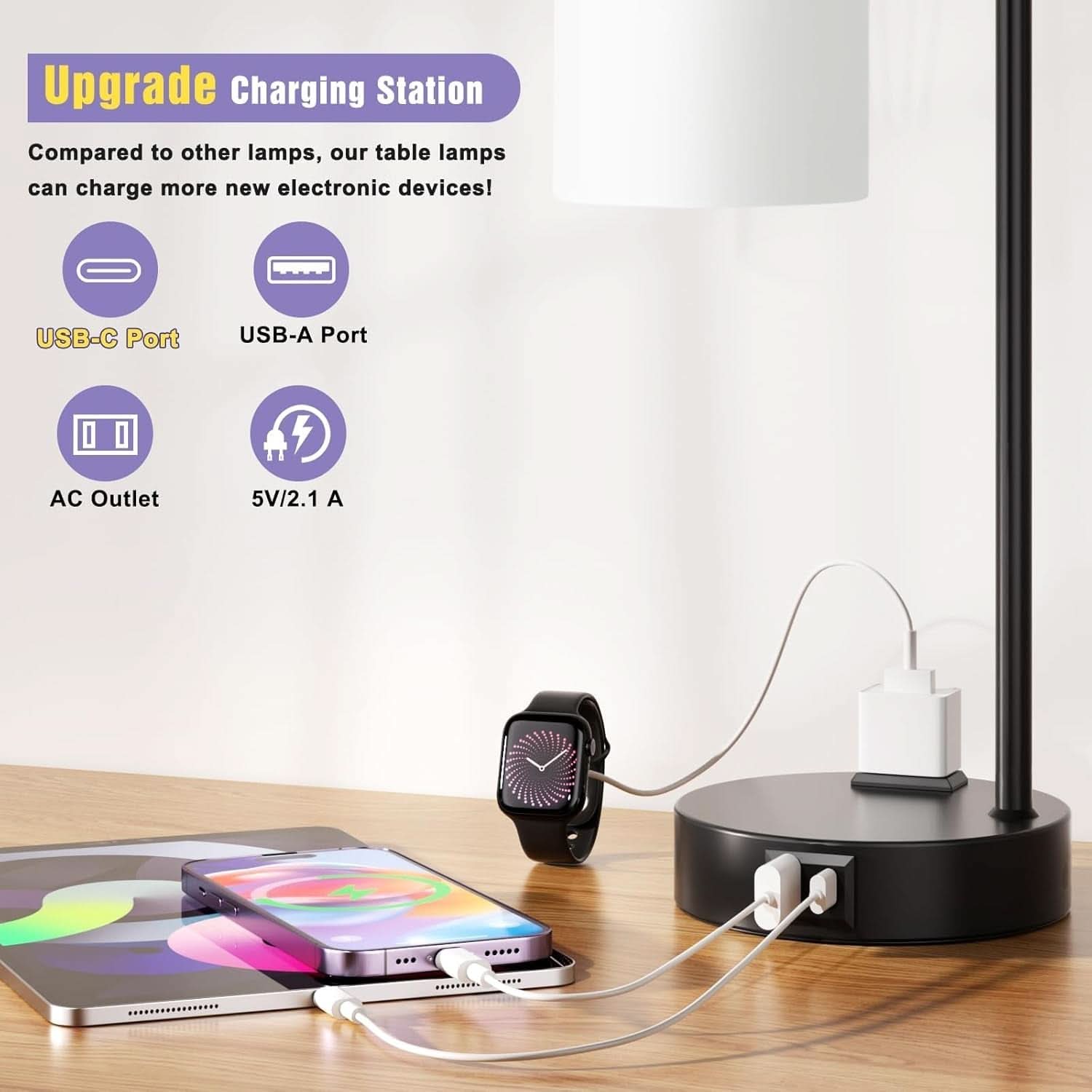 Industrial Touch Bedside Lamps 3-Way Dimmable USB-C