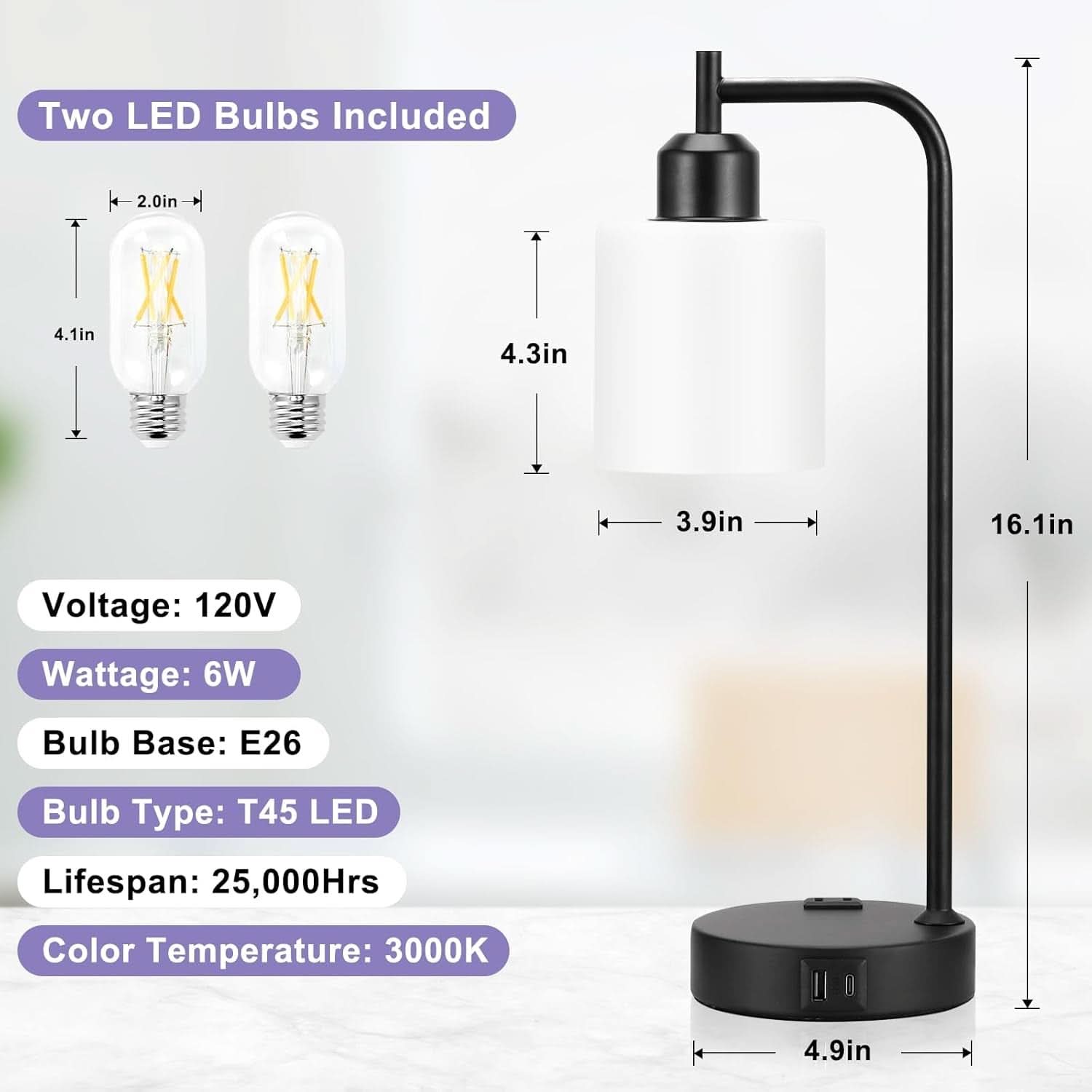 Industrial Touch Bedside Lamps 3-Way Dimmable USB-C