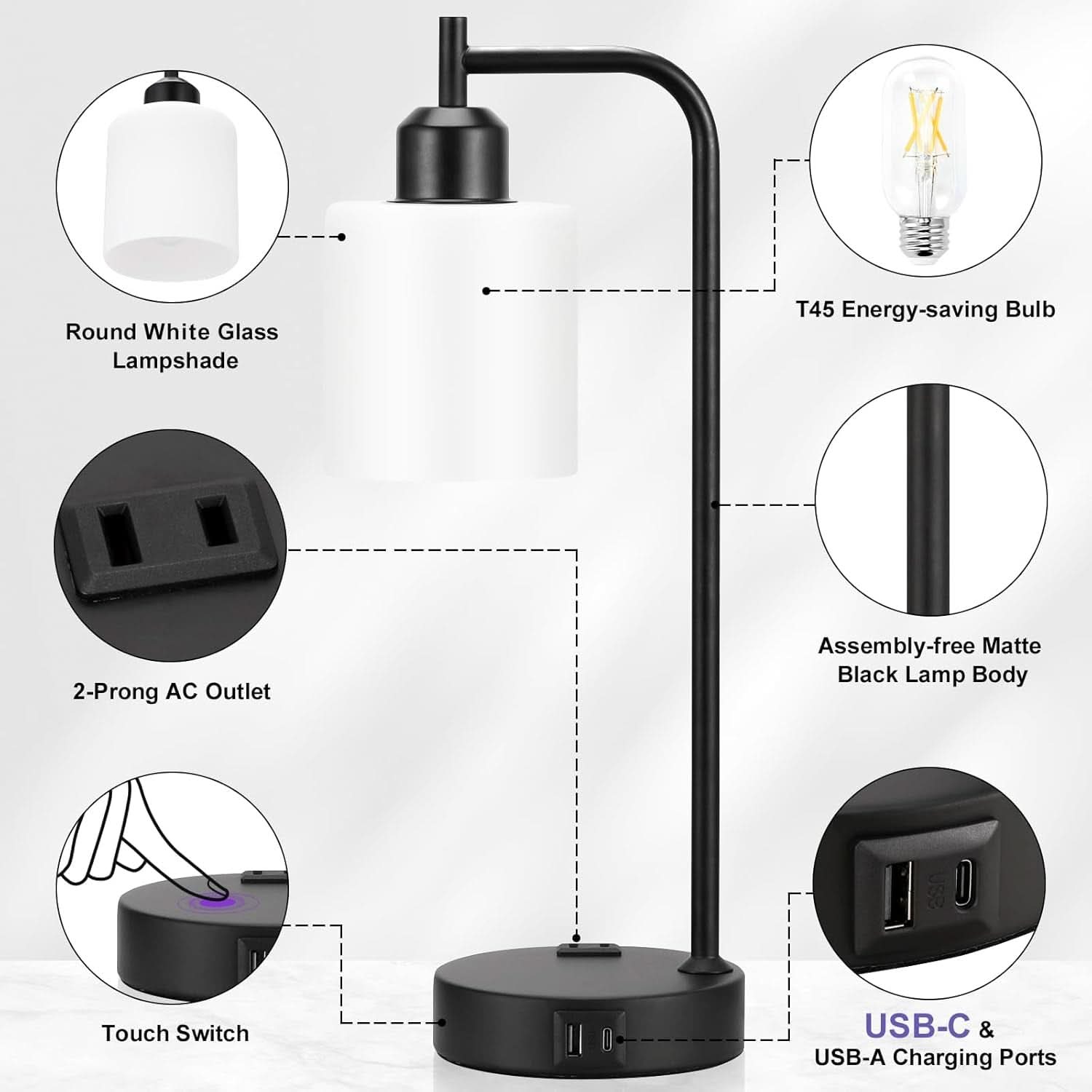 Industrial Touch Bedside Lamps 3-Way Dimmable USB-C