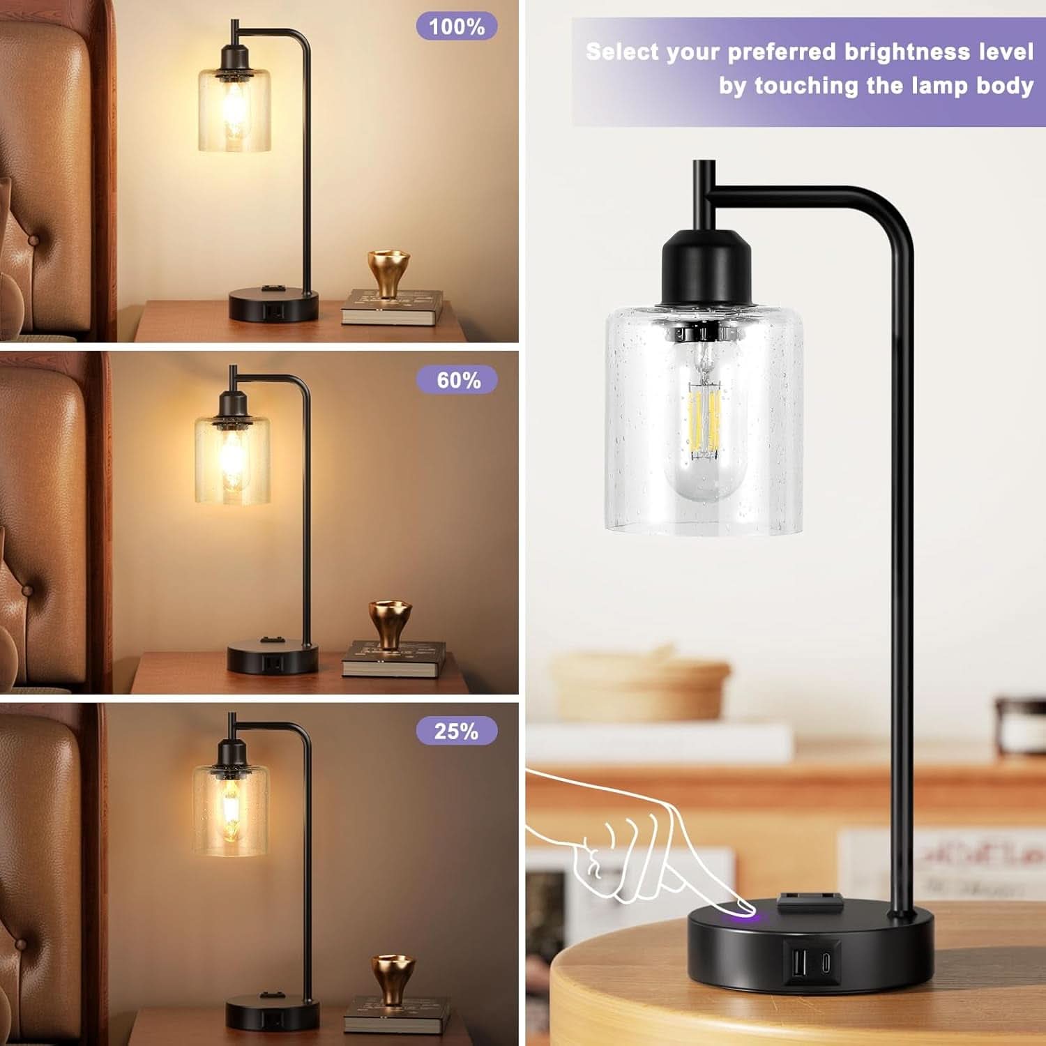 Industrial Touch Table Lamps 2 Pack Black 3 Way Dimming