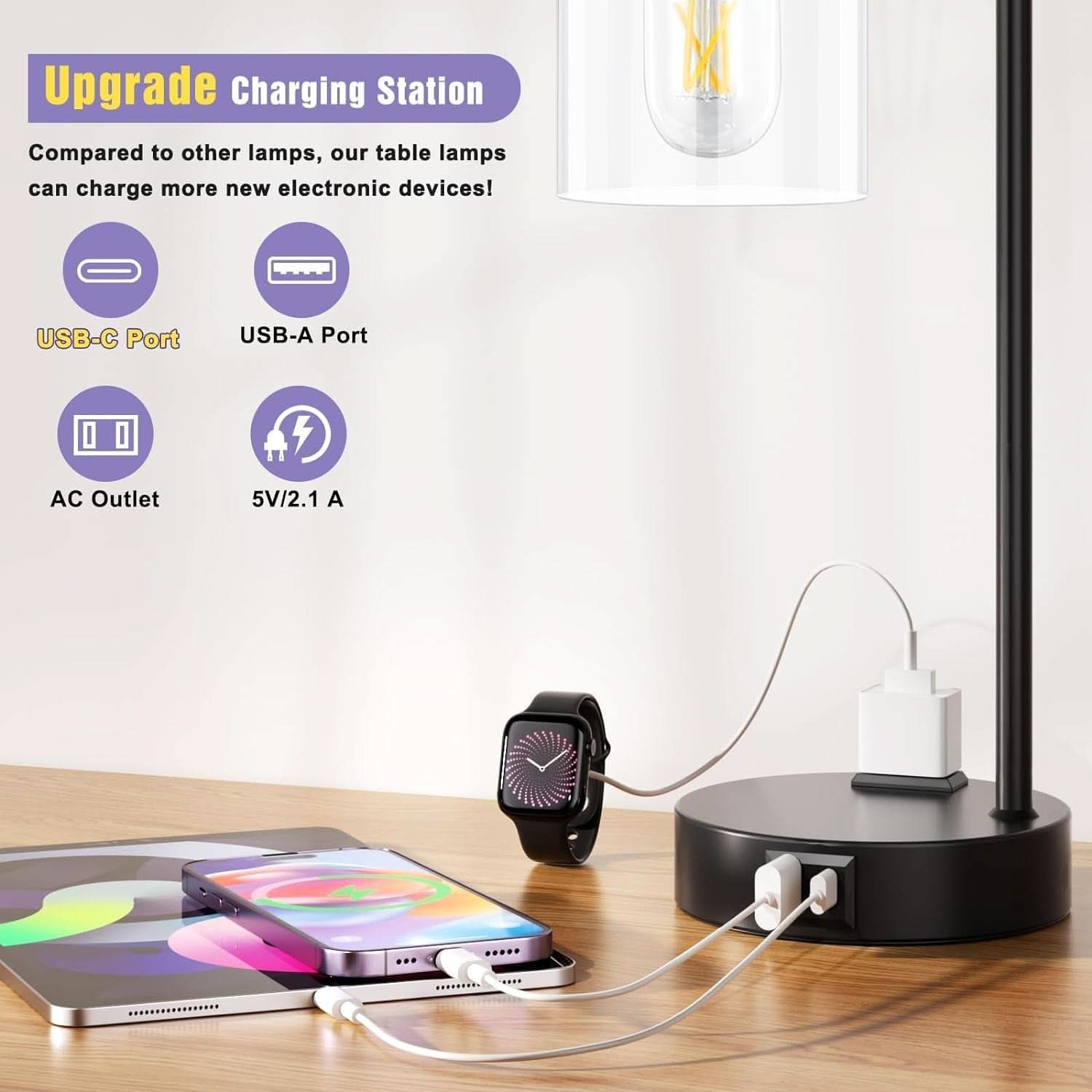 Industrial Touch Table Lamps Bundle Black 3 Way Dimmable USB