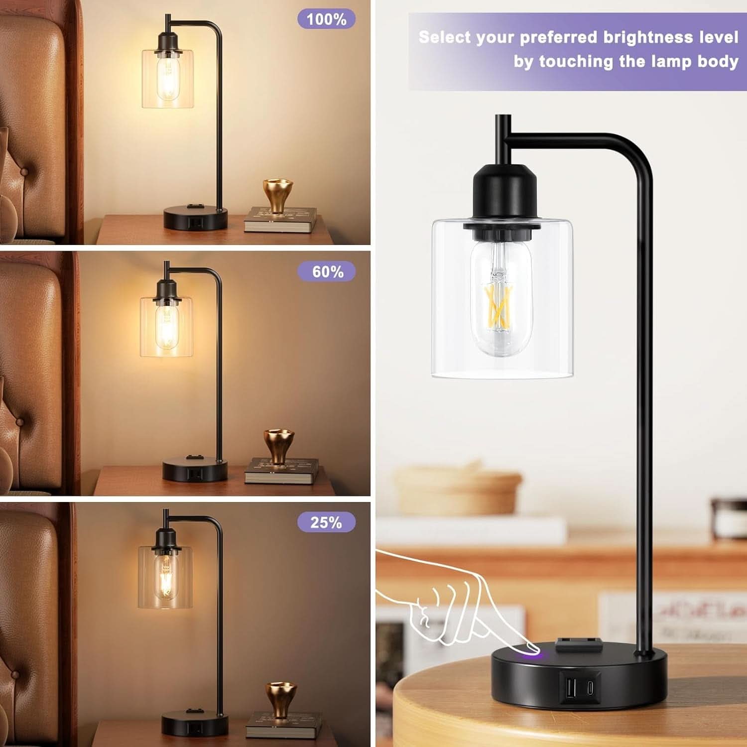 Industrial Touch Table Lamps Bundle Black 3 Way Dimmable USB