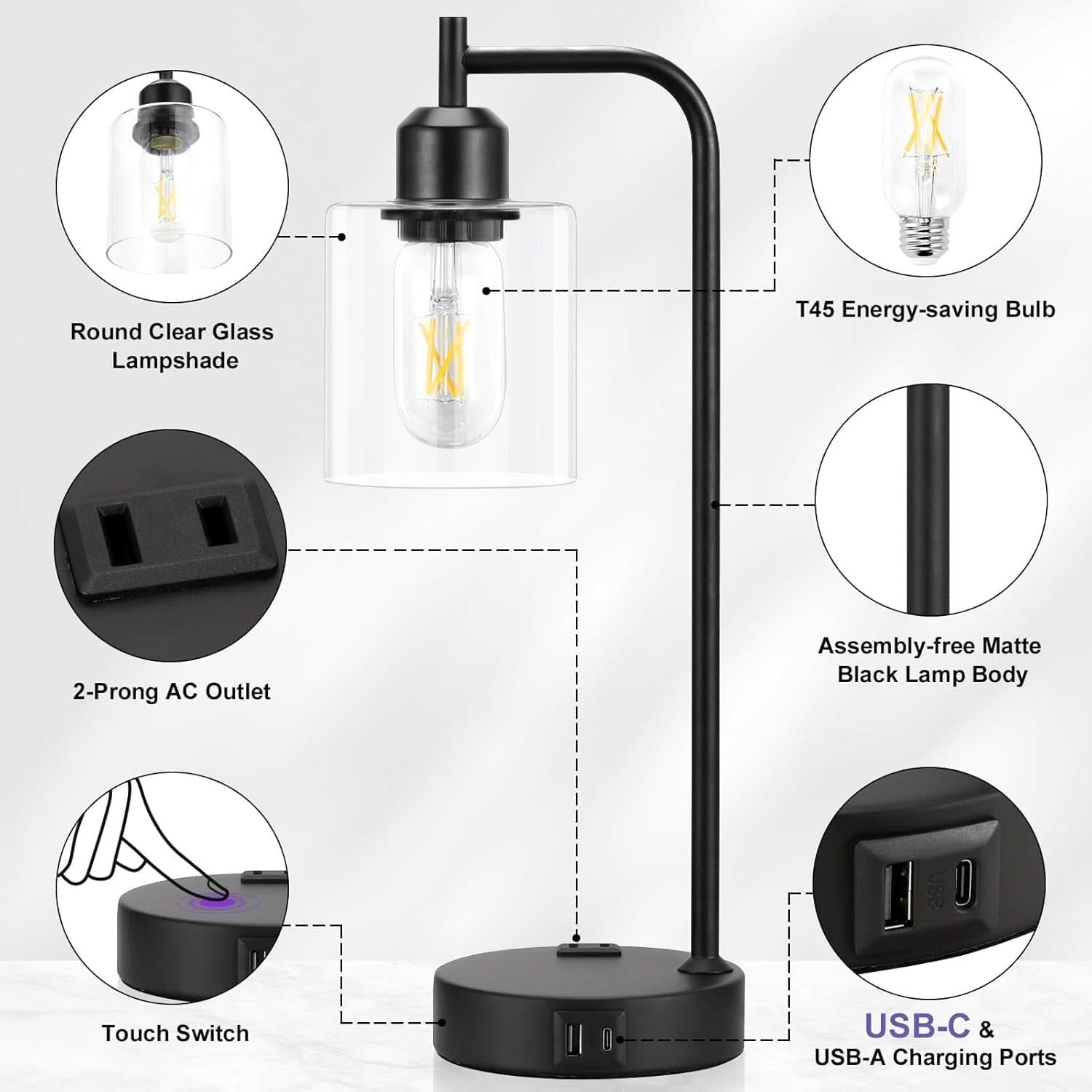 Industrial Touch Table Lamps Bundle Black 3 Way Dimmable USB