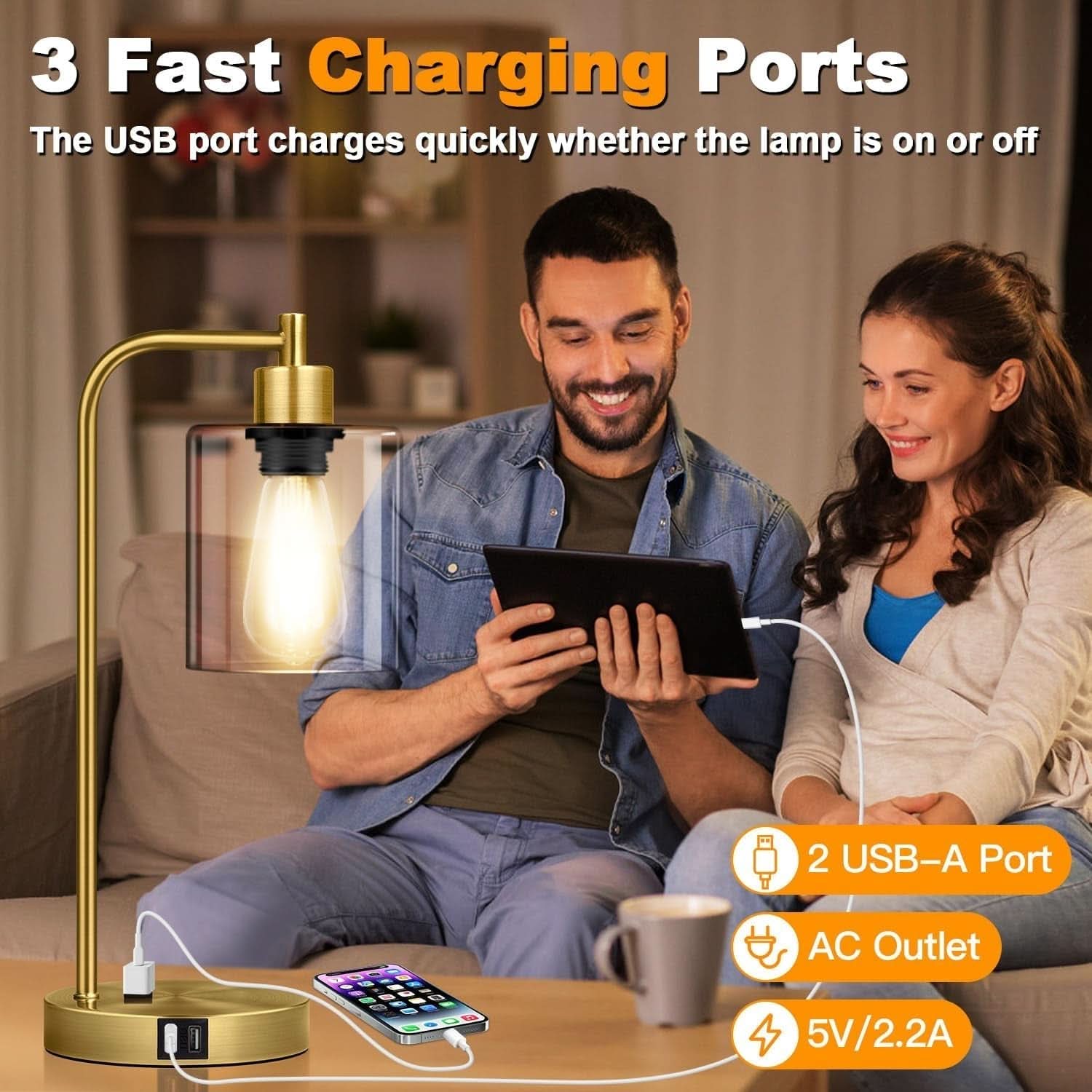 Industrial Touch Table Lamps Set Of 2 With USB Ports And AC Outlet Brass