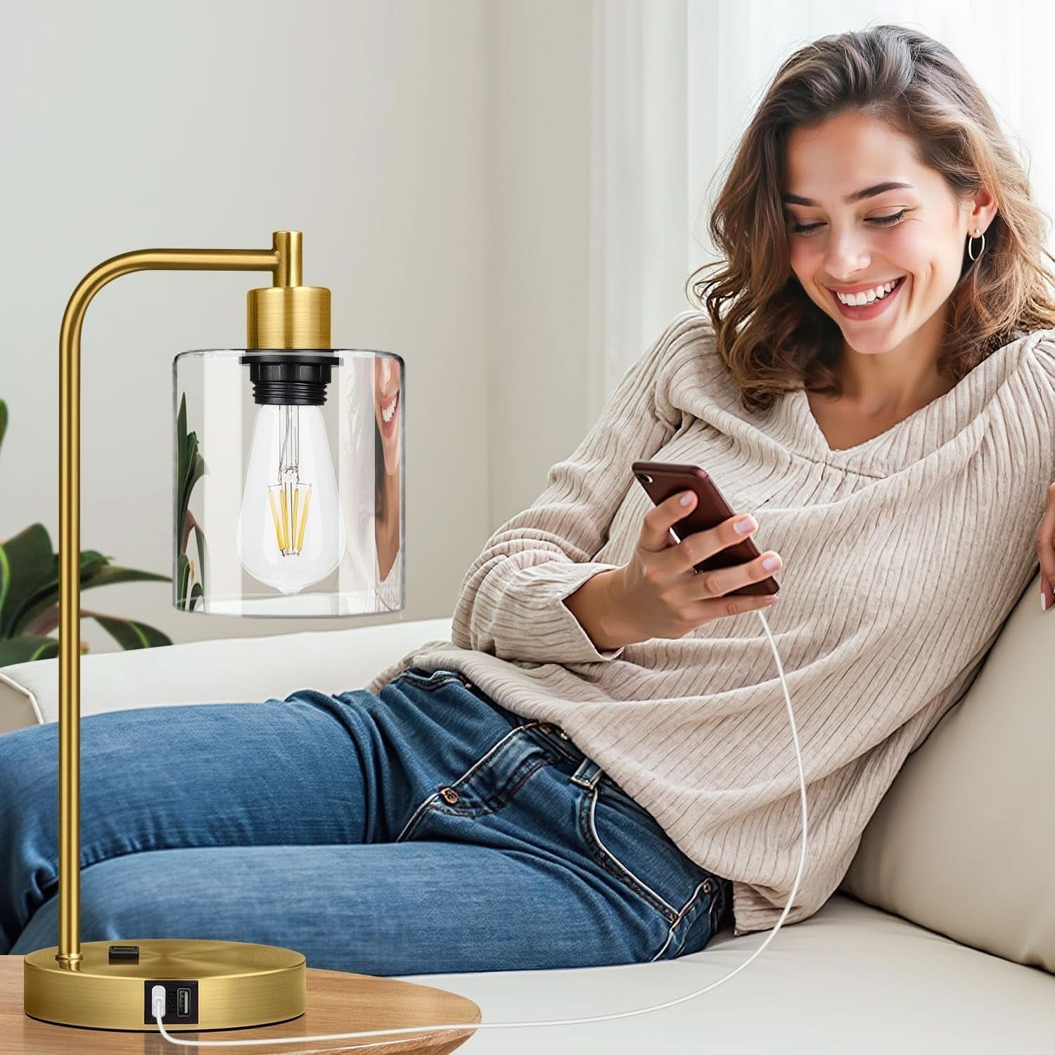 Industrial Touch Table Lamps Set Of 2 With USB Ports And AC Outlet Brass