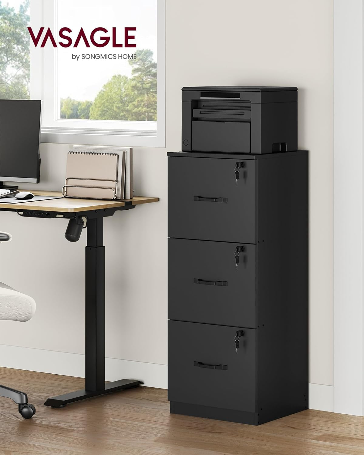 Ink Black 3 Drawer File Cabinet With Lock And Printer Stand For A4 And Letter Size Files