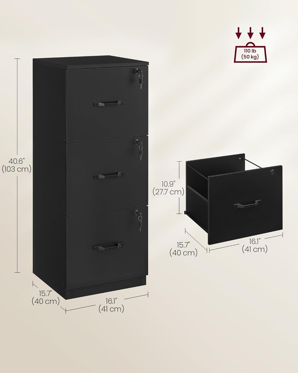 Ink Black 3 Drawer File Cabinet With Lock And Printer Stand For A4 And Letter Size Files