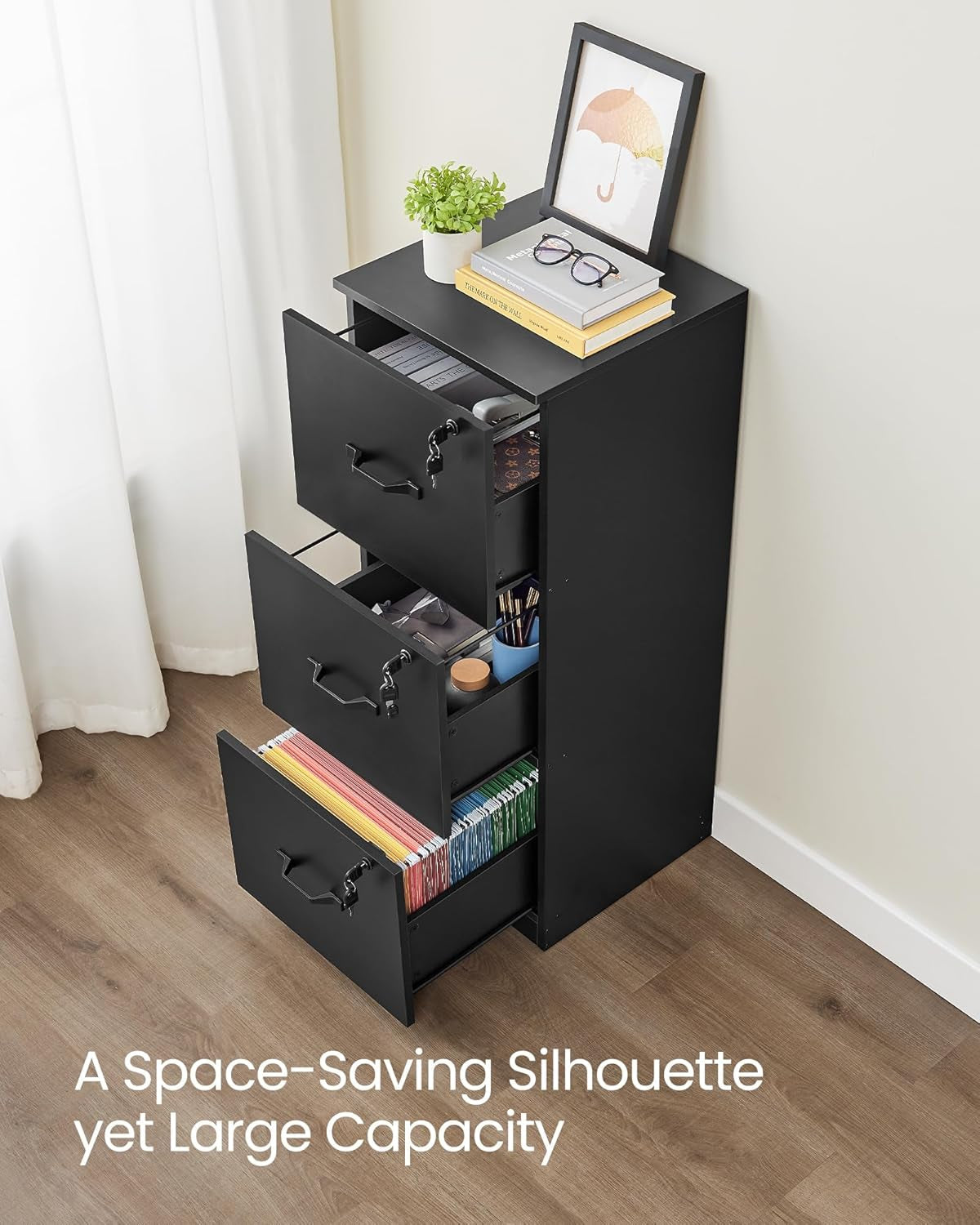 Ink Black 3 Drawer File Cabinet With Lock And Printer Stand For A4 And Letter Size Files