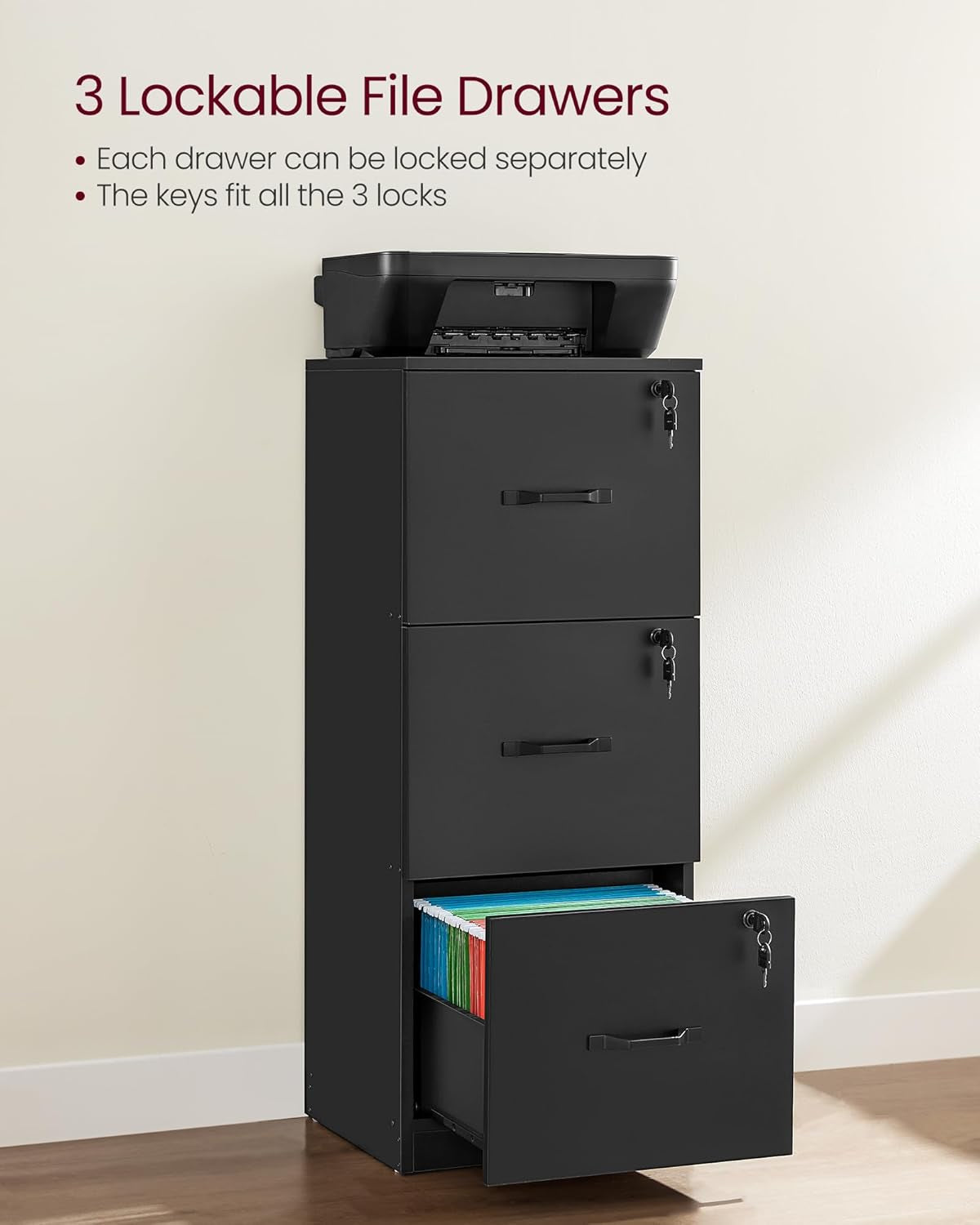 Ink Black 3 Drawer File Cabinet With Lock And Printer Stand For A4 And Letter Size Files