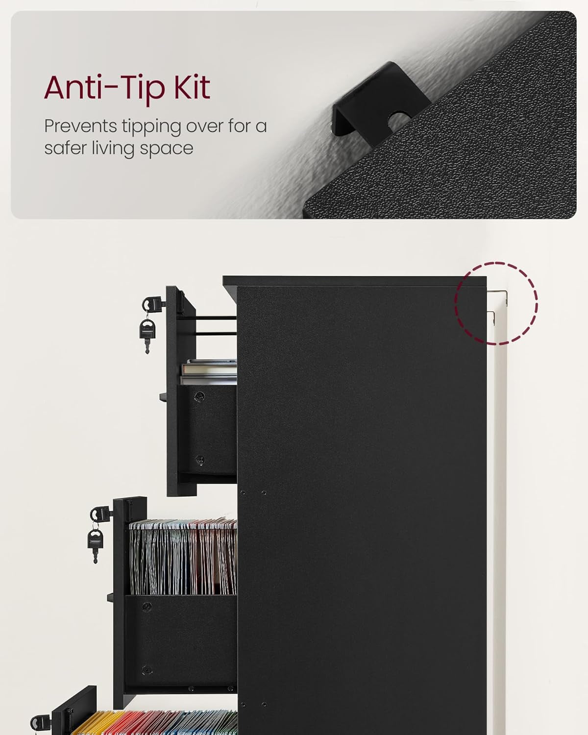 Ink Black 3 Drawer File Cabinet With Lock And Printer Stand For A4 And Letter Size Files