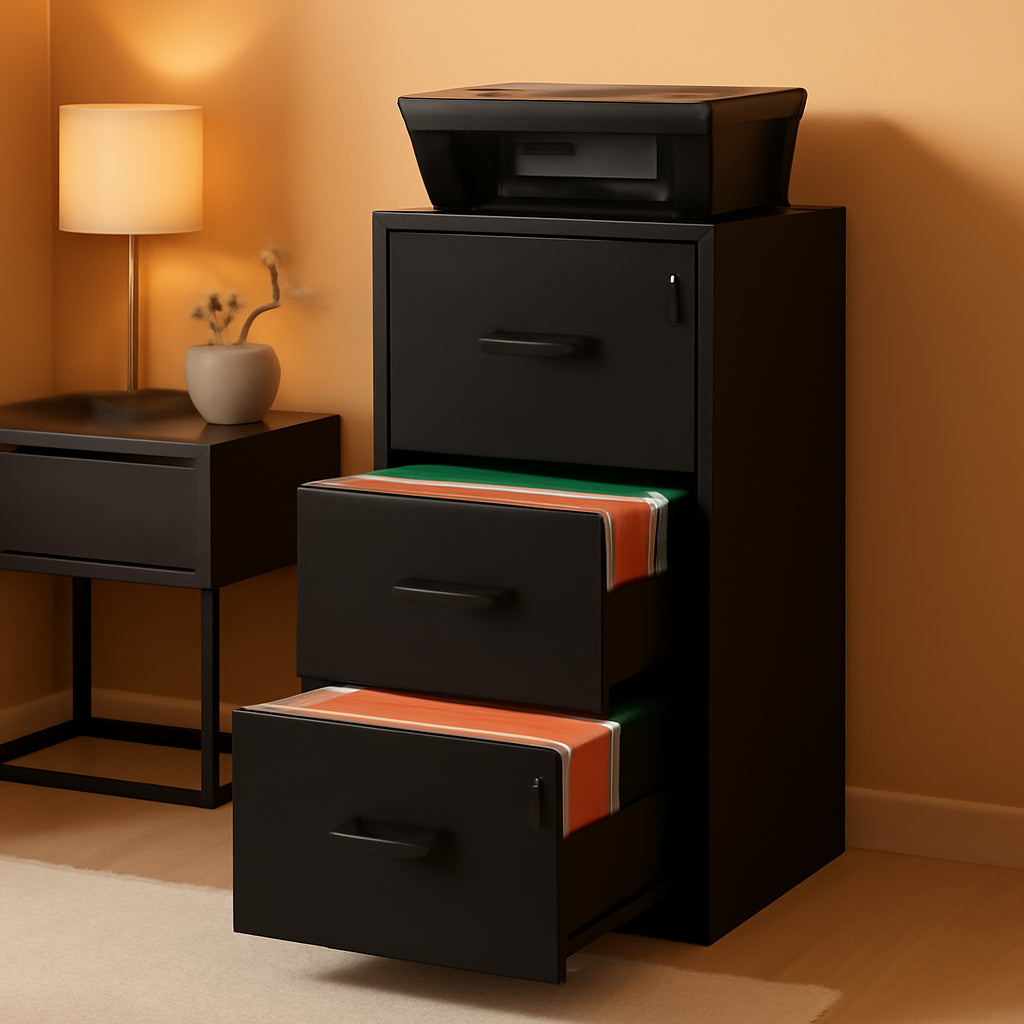 Ink Black 3 Drawer File Cabinet With Lock And Printer Stand For A4 And Letter Size Files