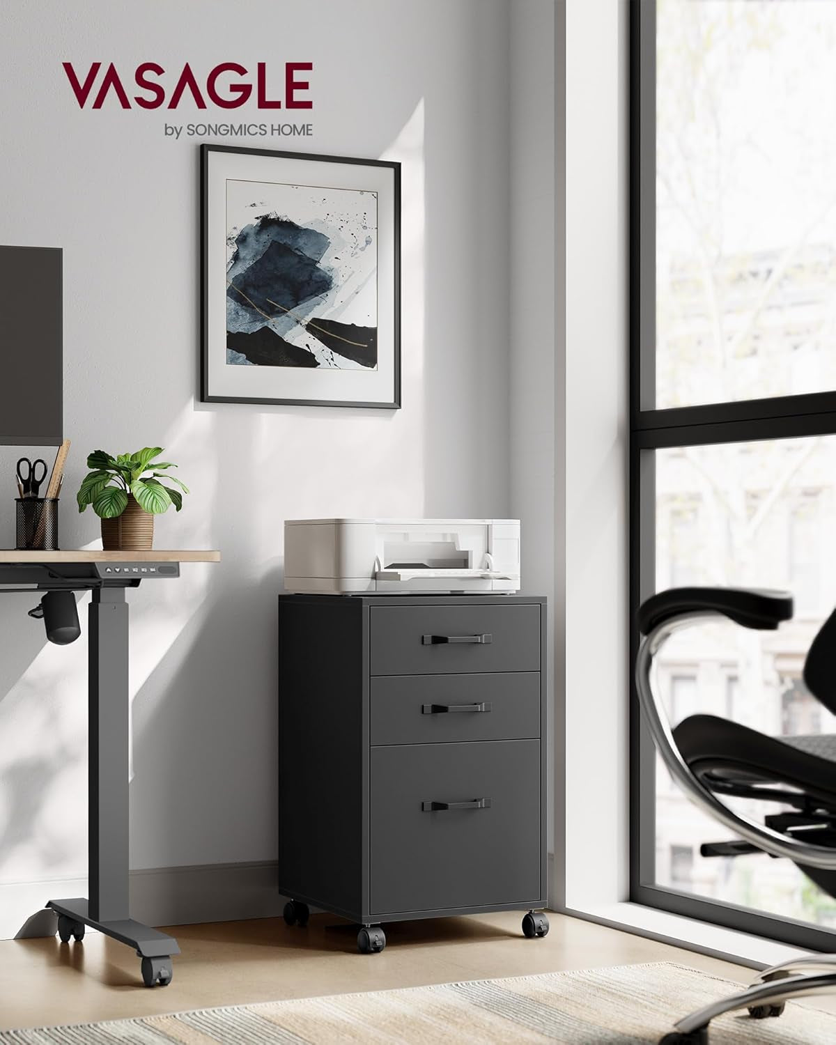 Ink Black 3 Drawer File Cabinet With Wheels For A4 And Letter