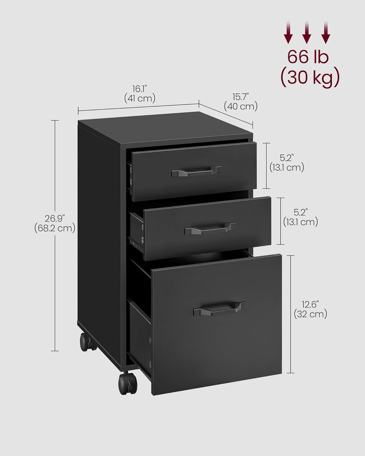 Ink Black 3 Drawer File Cabinet With Wheels For A4 And Letter