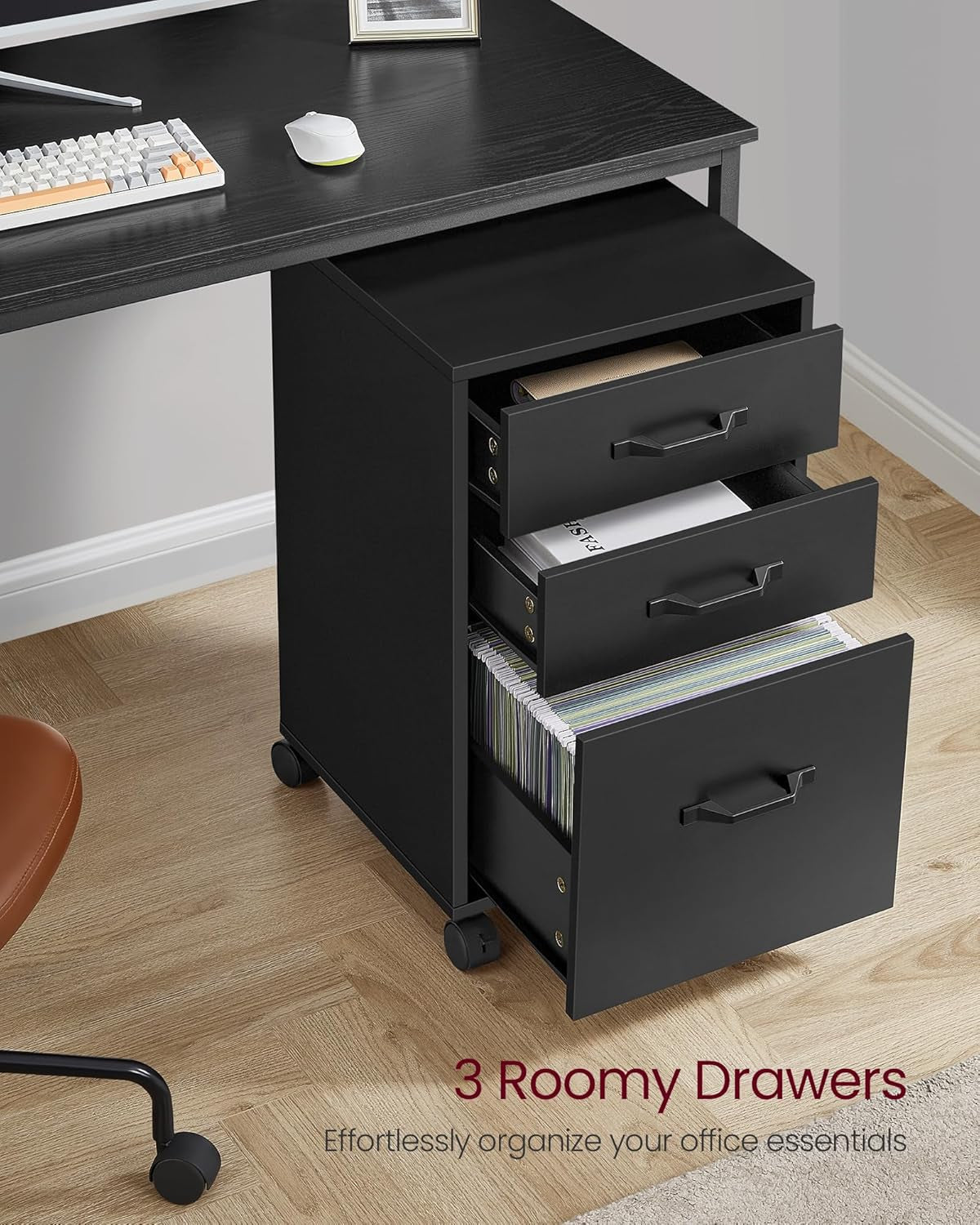 Ink Black 3 Drawer File Cabinet With Wheels For A4 And Letter