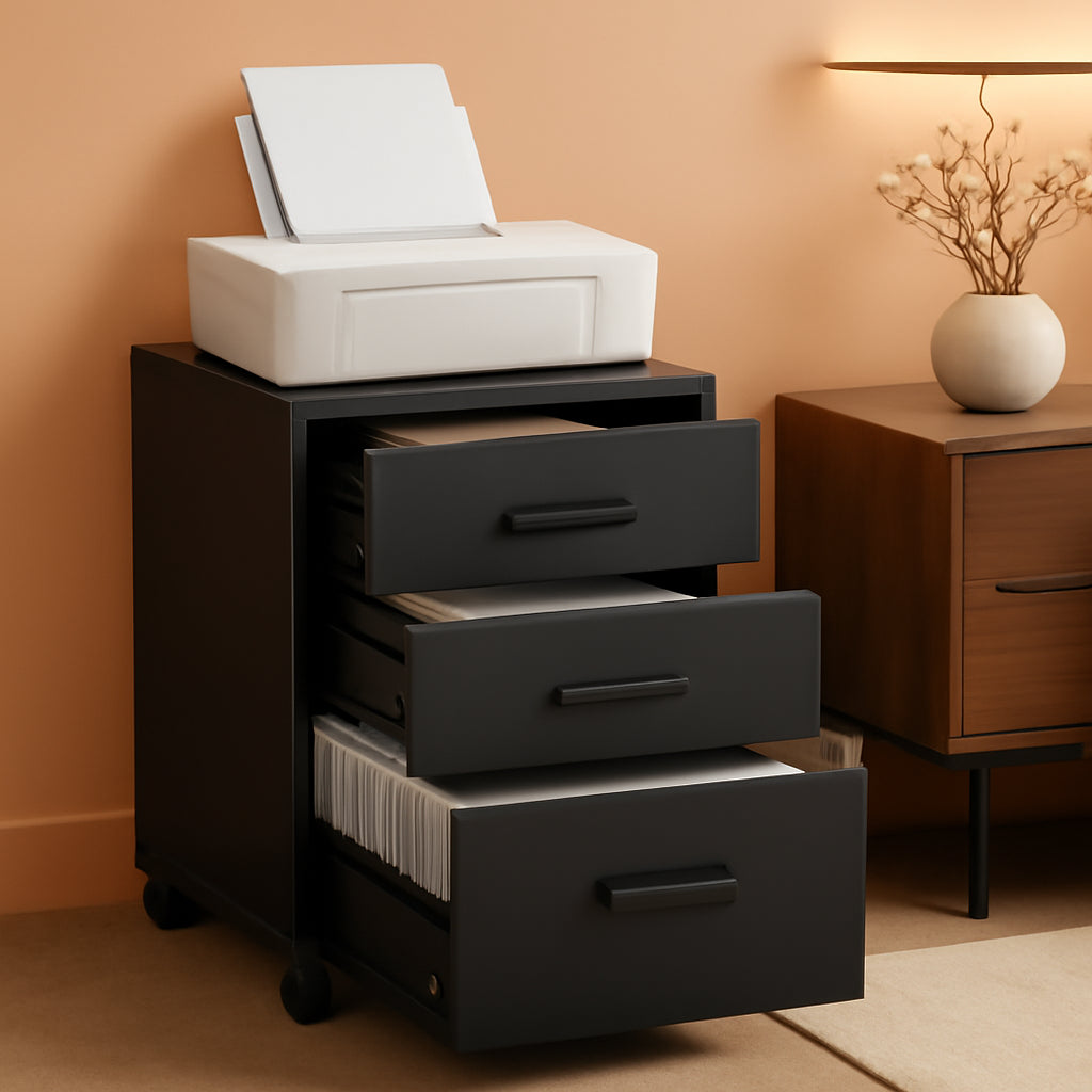 Ink Black 3 Drawer File Cabinet With Wheels For A4 And Letter