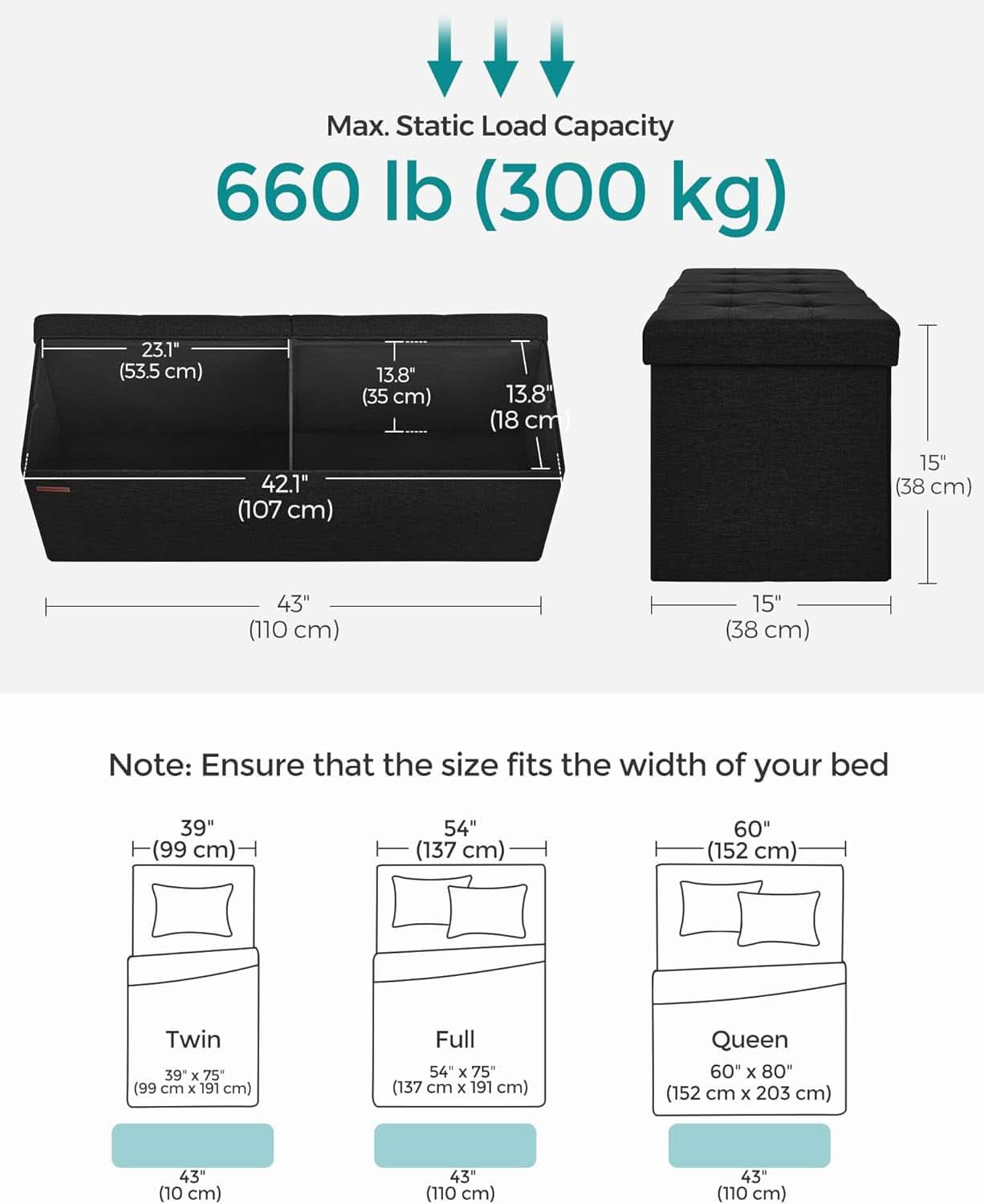 Ink Black 43 Inches Super Ultra Foldable Storage Ottoman