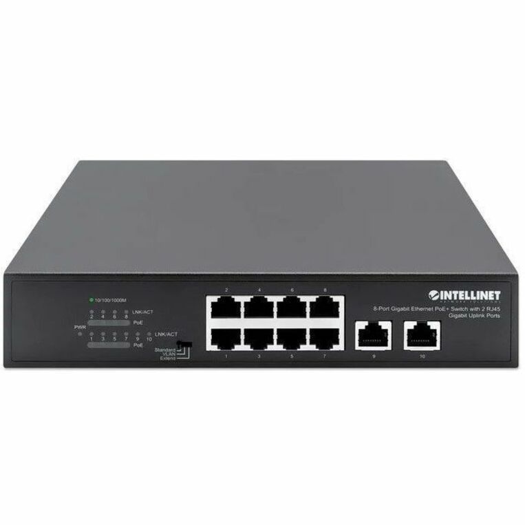 Intellinet 8-Port Gigabit Ethernet PoE+ Switch with 2 RJ45 Gigabit Uplink Ports - 10