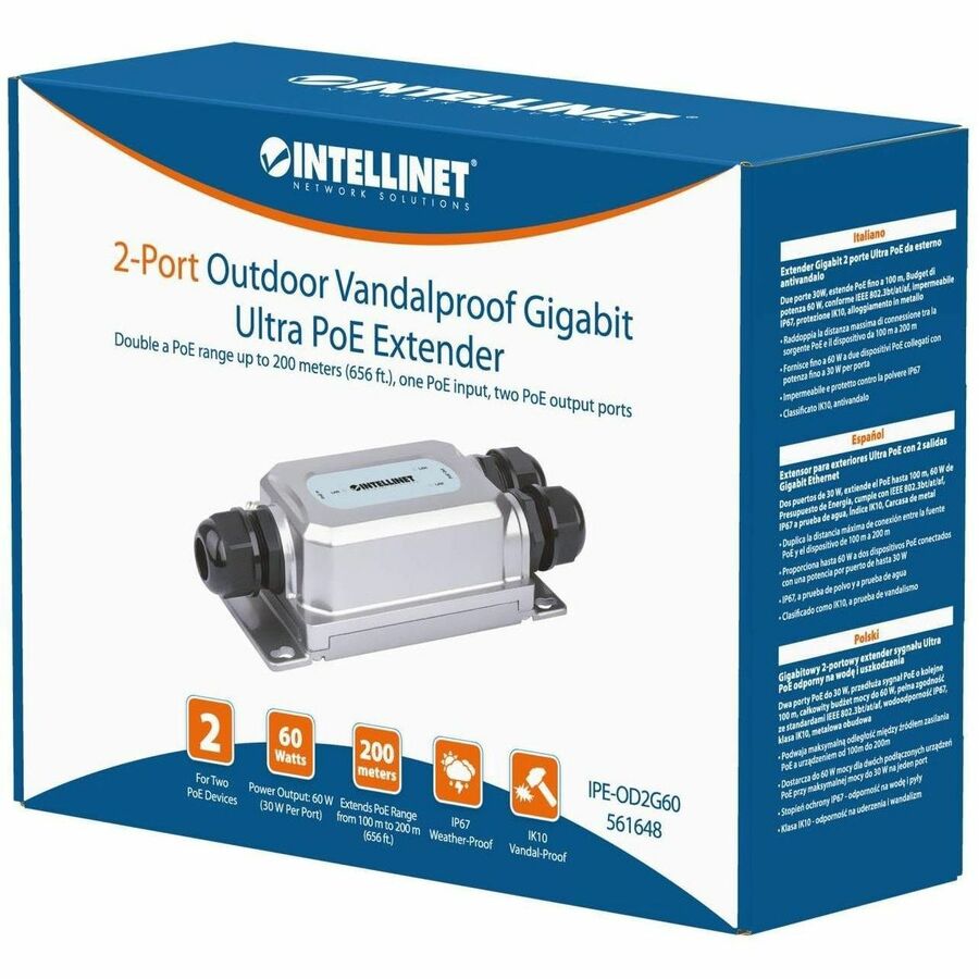 Intellinet PoE++ Extender - 57 V DC Input - 1 x RJ-45 Input Port(s) - 2 x RJ-45 Output