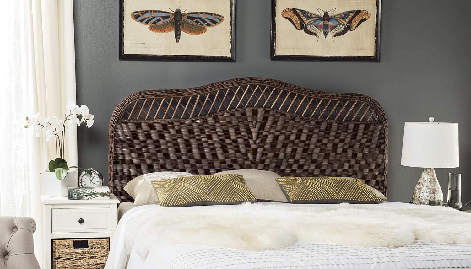Intricately Woven Brown Rattan Queen Size Headboard