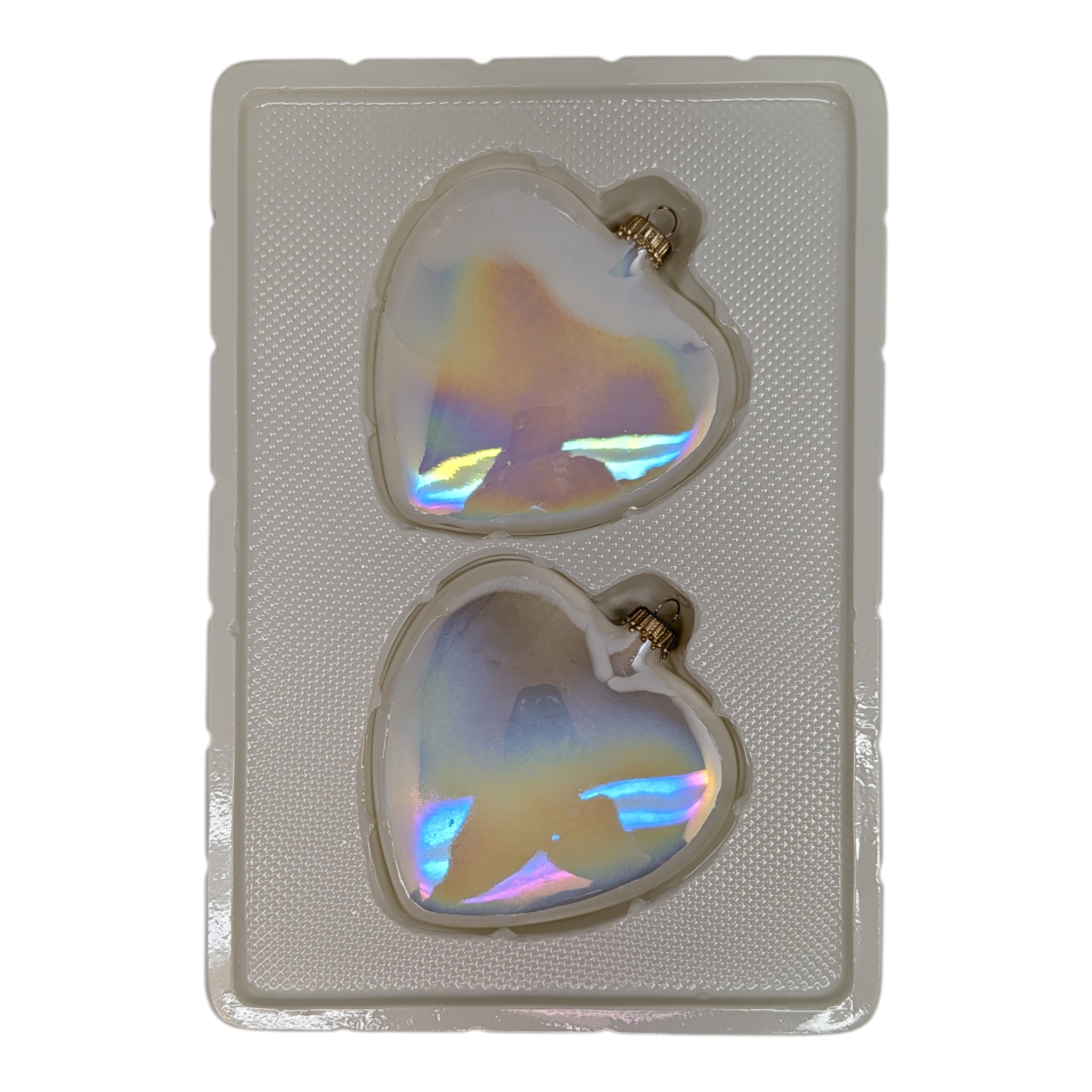 Iridized “Pearl White” Glass Heart Ornaments – Set of Two