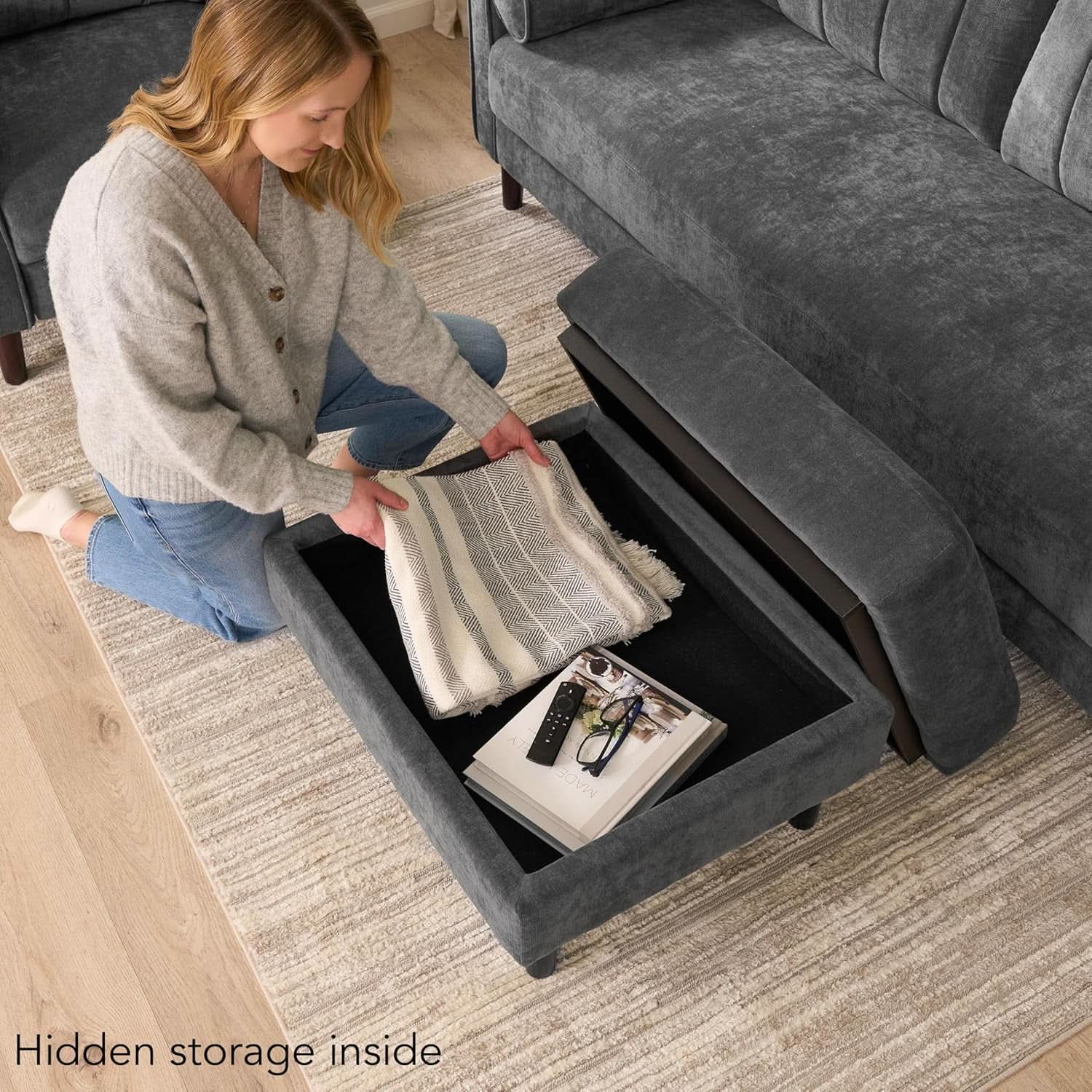 Iron Gray Chenille Reinforced Storage Ottoman Tray