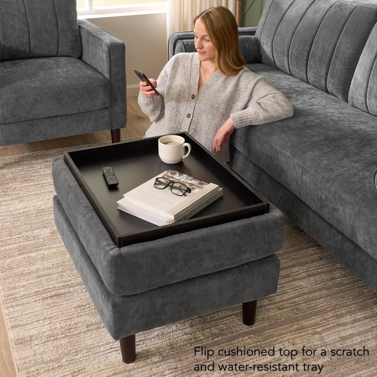 Iron Gray Chenille Reinforced Storage Ottoman Tray