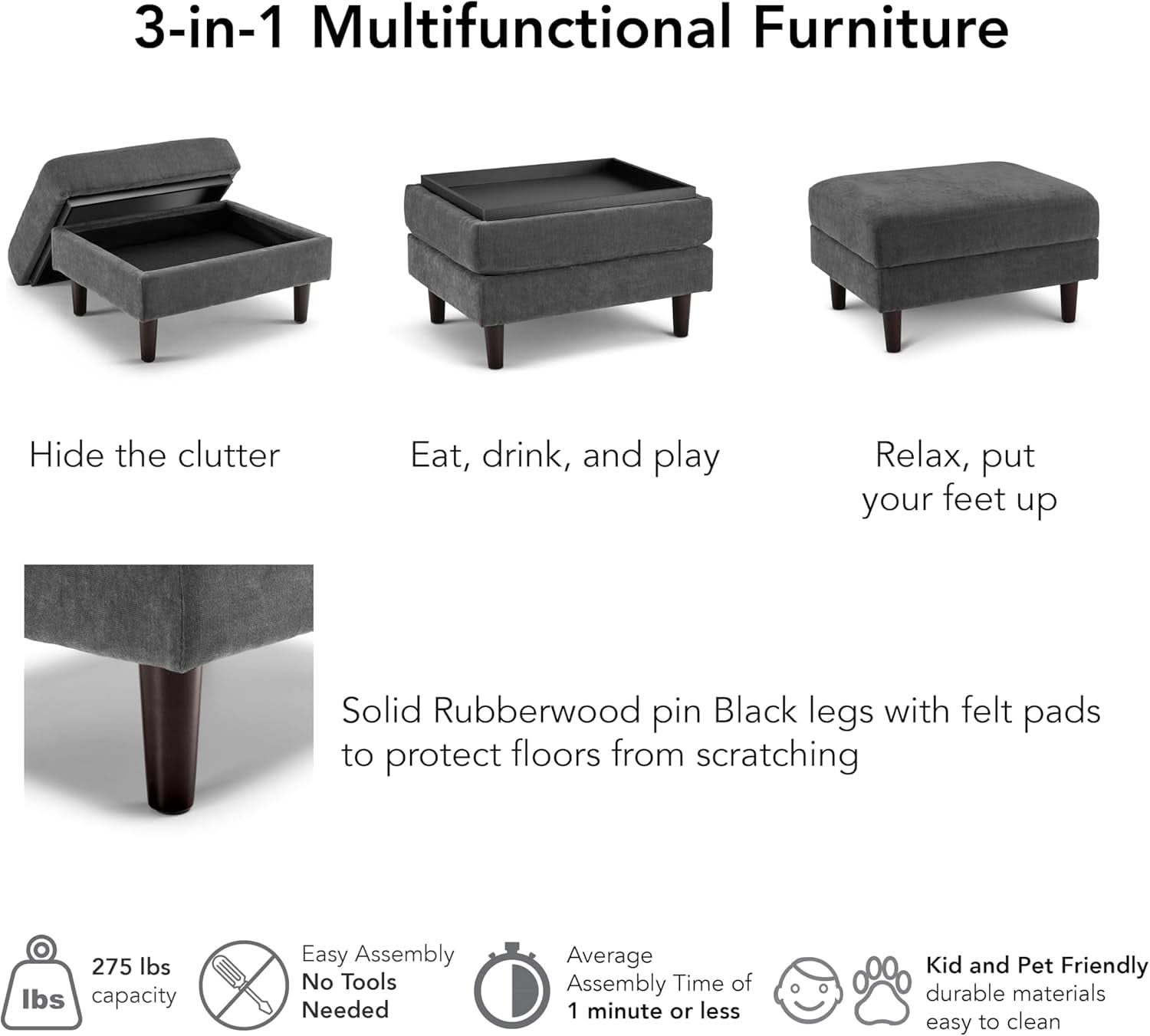 Iron Gray Chenille Reinforced Storage Ottoman Tray