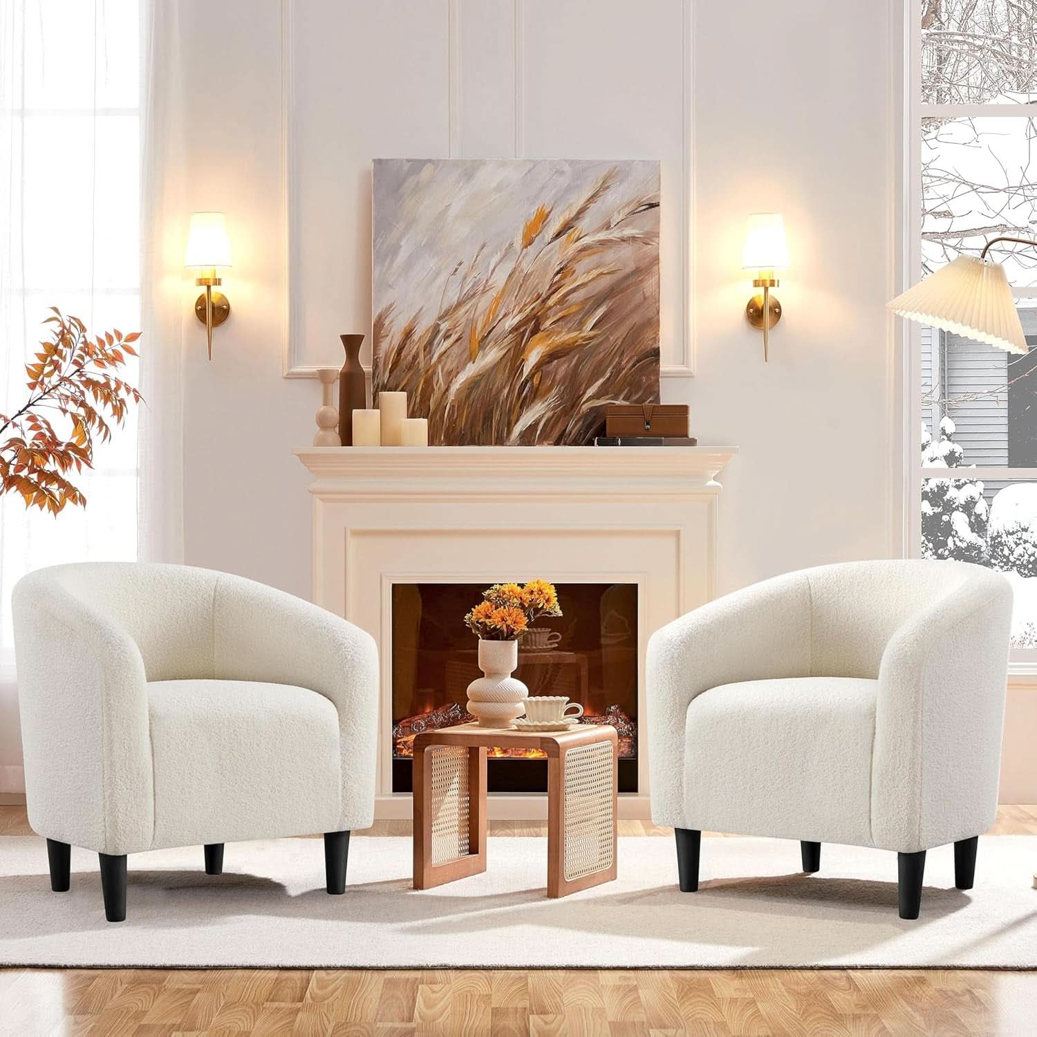Ivory Barrel Chairs Boucle Living Room Duo Two Piece Set