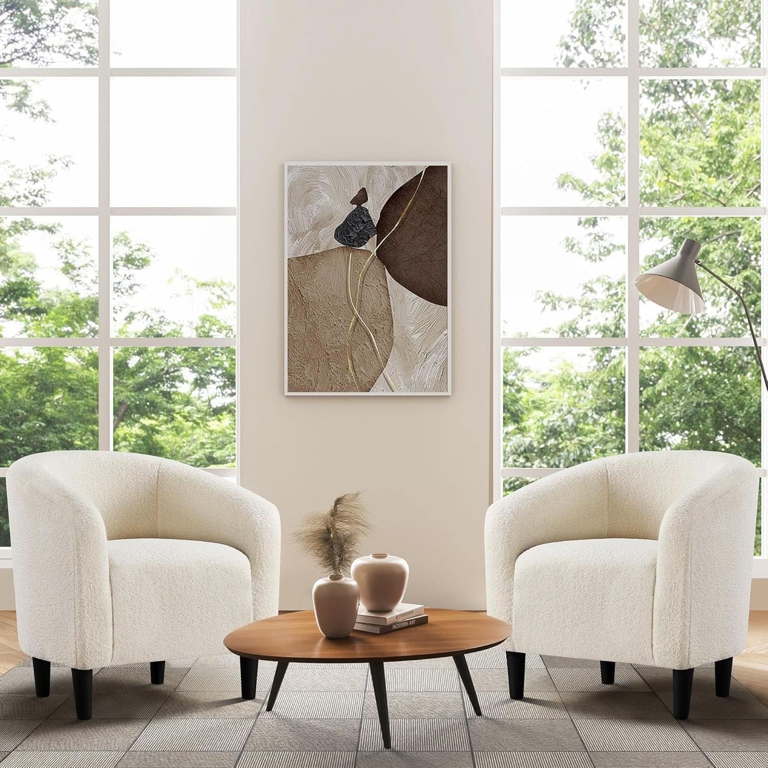 Ivory Barrel Chairs Boucle Living Room Duo Two Piece Set