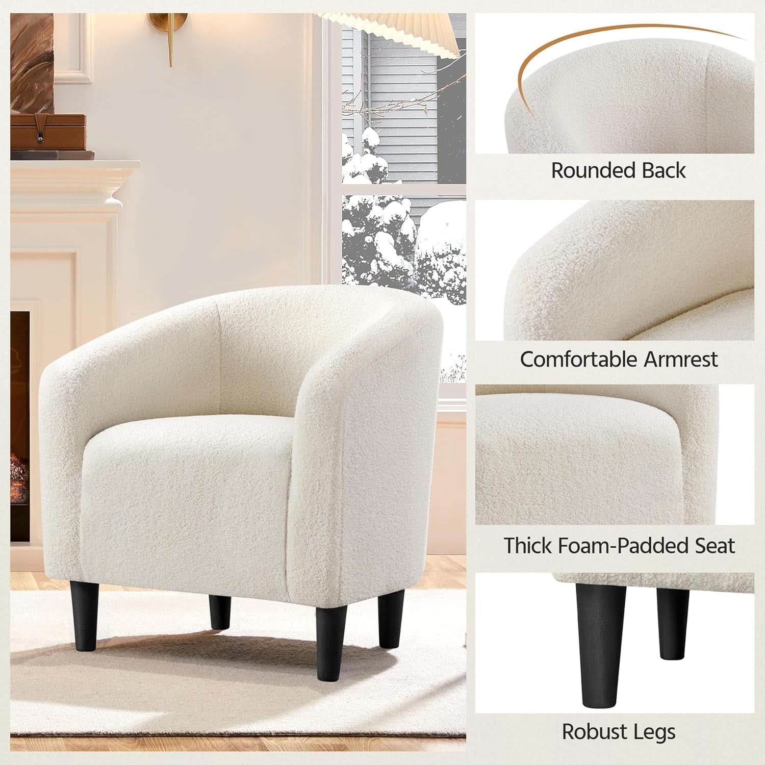 Ivory Barrel Chairs Boucle Living Room Duo Two Piece Set