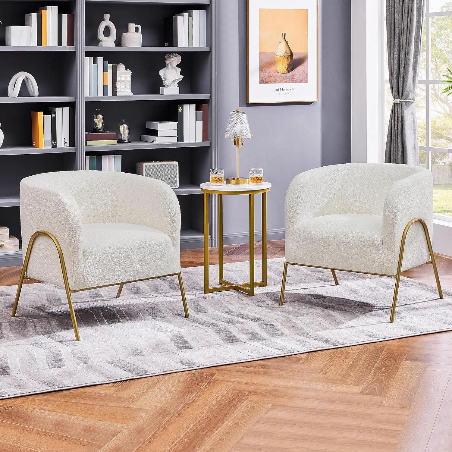 Ivory Boucle Accent Chairs Set Of 2 With Gold Legs