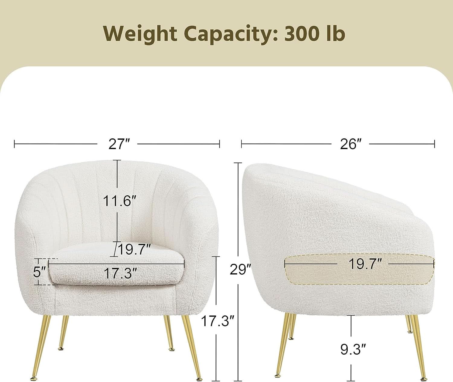 Ivory Boucle Upholstered Accent Chair Removable Cushion