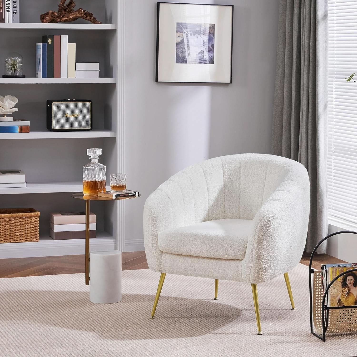 Ivory Boucle Upholstered Accent Chair Removable Cushion