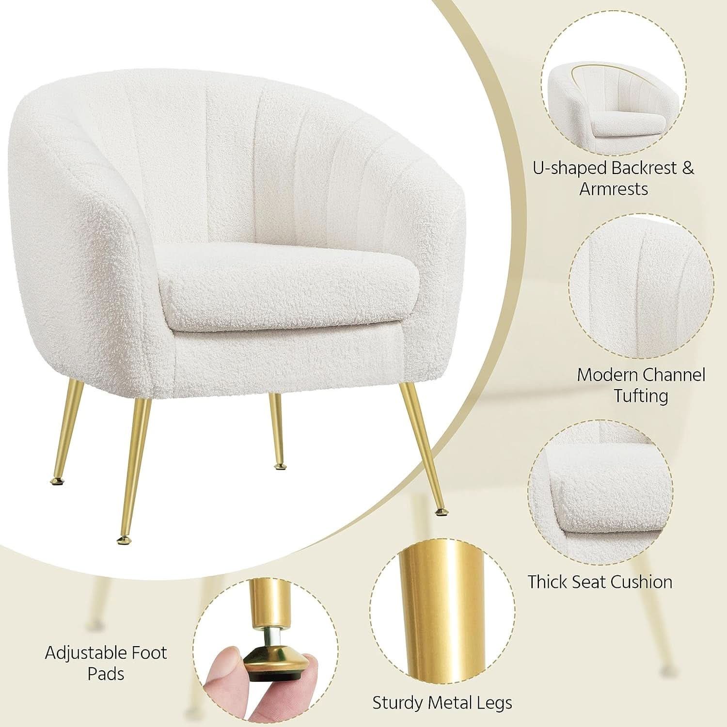 Ivory Boucle Upholstered Accent Chair Removable Cushion
