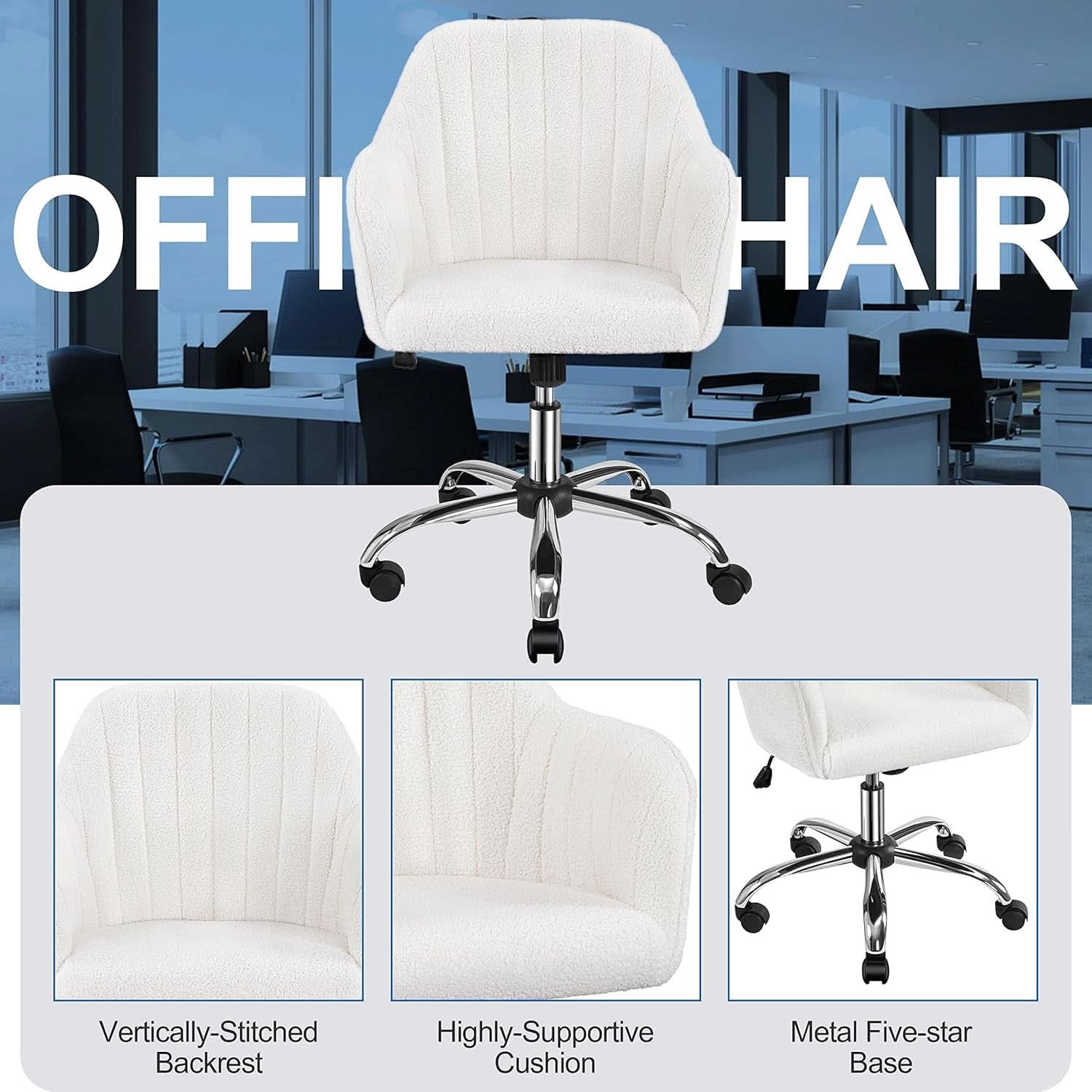 Ivory Boucle Vanity Chair Height Adjustable Makeup Desk Chair
