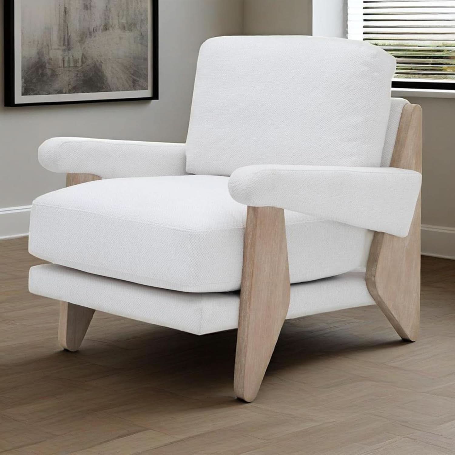Ivory Chenille Accent Chair Solid Wood LivingRoomSet