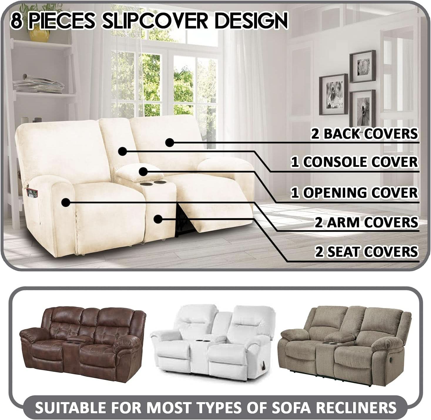 Ivory Velvet 8 Piece Reclining Loveseat Slipcover Set
