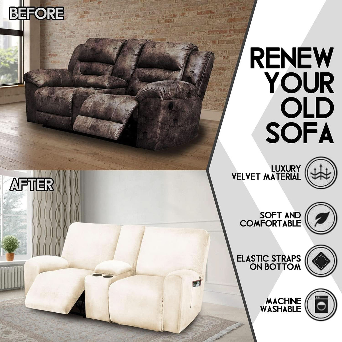 Ivory Velvet 8 Piece Reclining Loveseat Slipcover Set