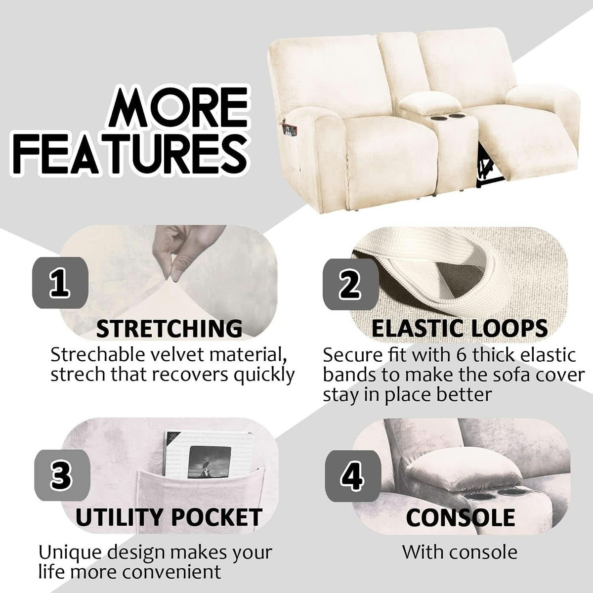 Ivory Velvet 8 Piece Reclining Loveseat Slipcover Set