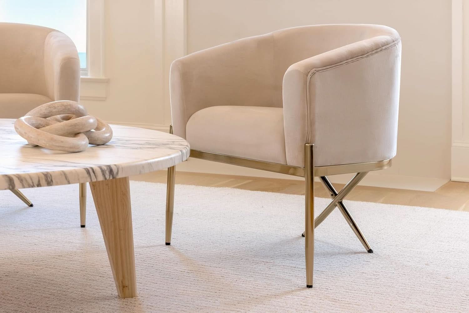 Ivory Velvet Arm Chair With Gold Legs Upholstered Easy Clean