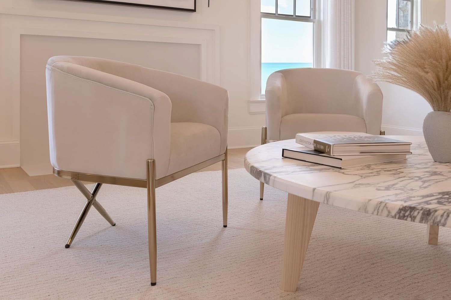 Ivory Velvet Arm Chair With Gold Legs Upholstered Easy Clean