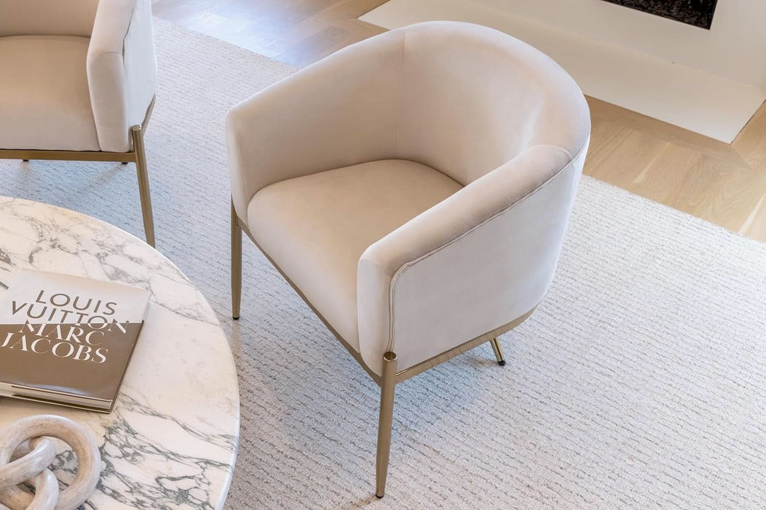 Ivory Velvet Arm Chair With Gold Legs Upholstered Easy Clean